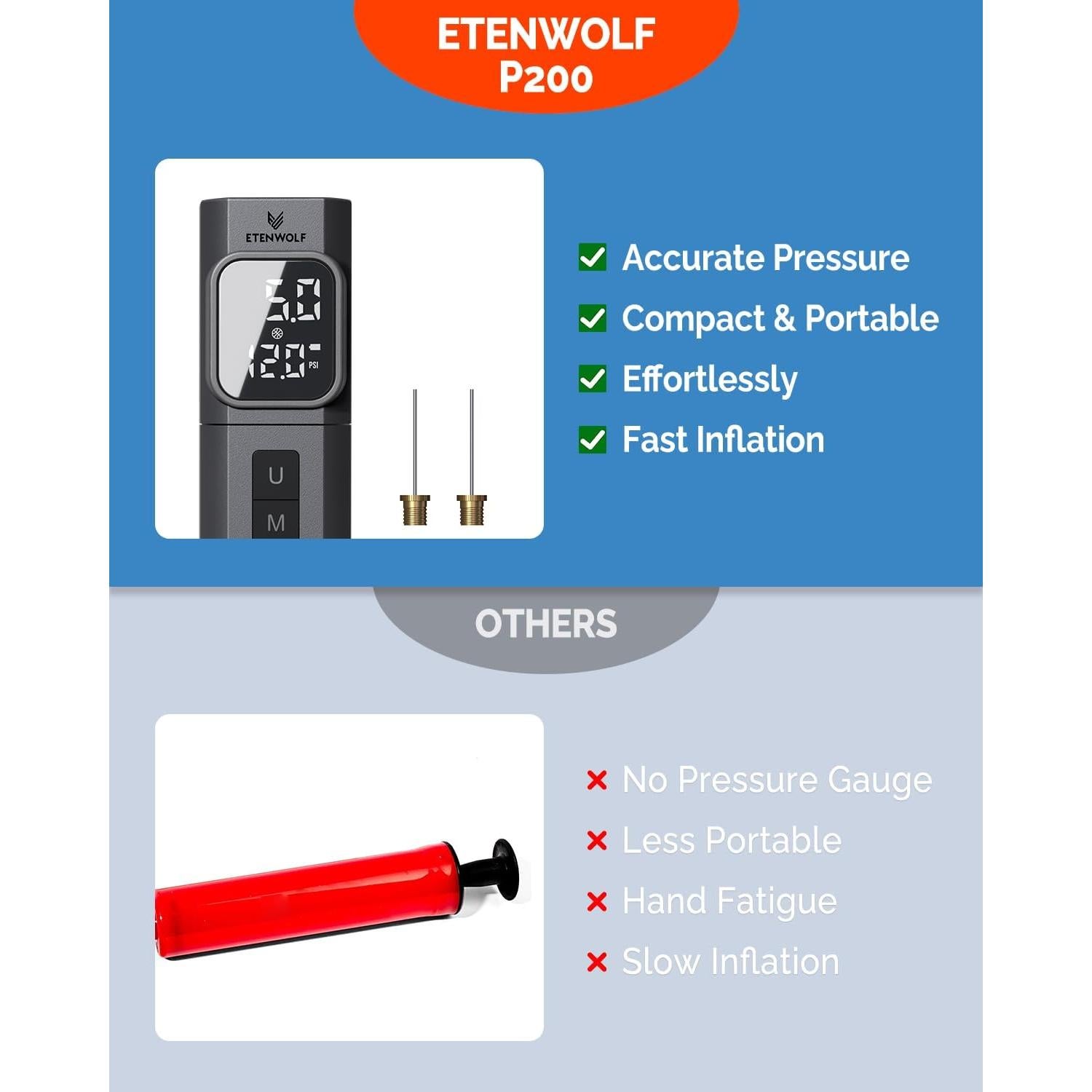 Bomba de Pelotas Eléctrica ETENWOLF P200 2000mAh con Manómetro