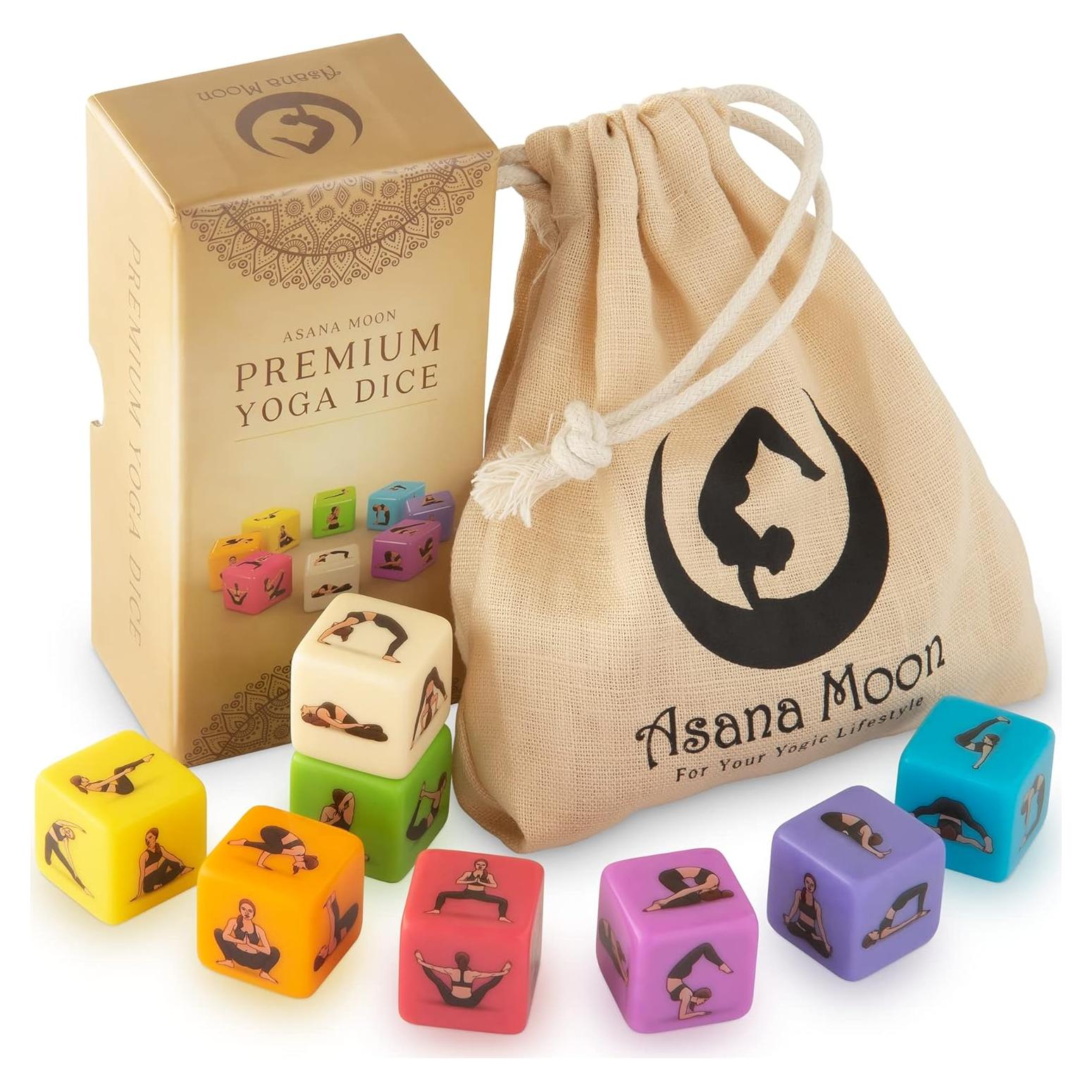 Dados de Yoga Asana Moon - 8 Dados Acrílicos con 48 Posturas