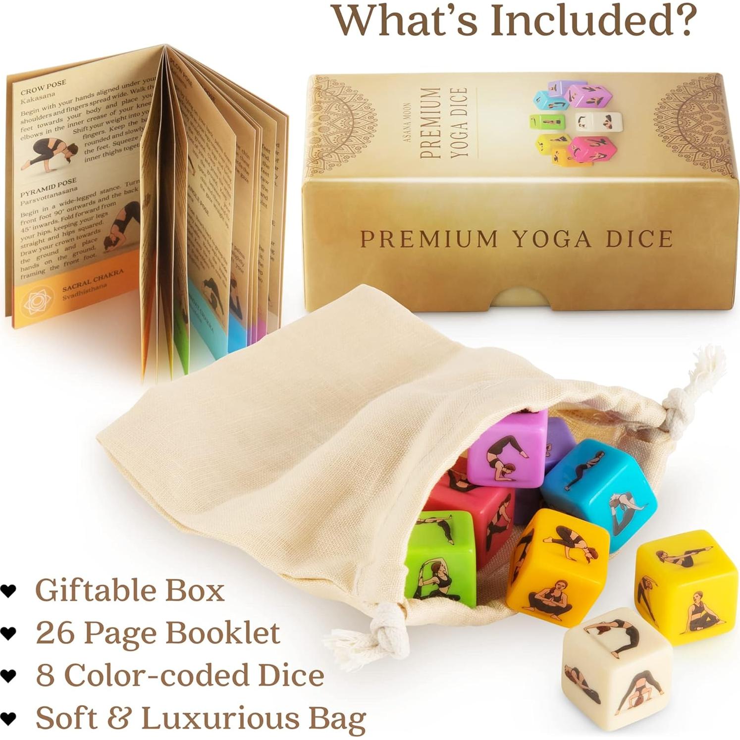 Dados de Yoga Asana Moon - 8 Dados Acrílicos con 48 Posturas