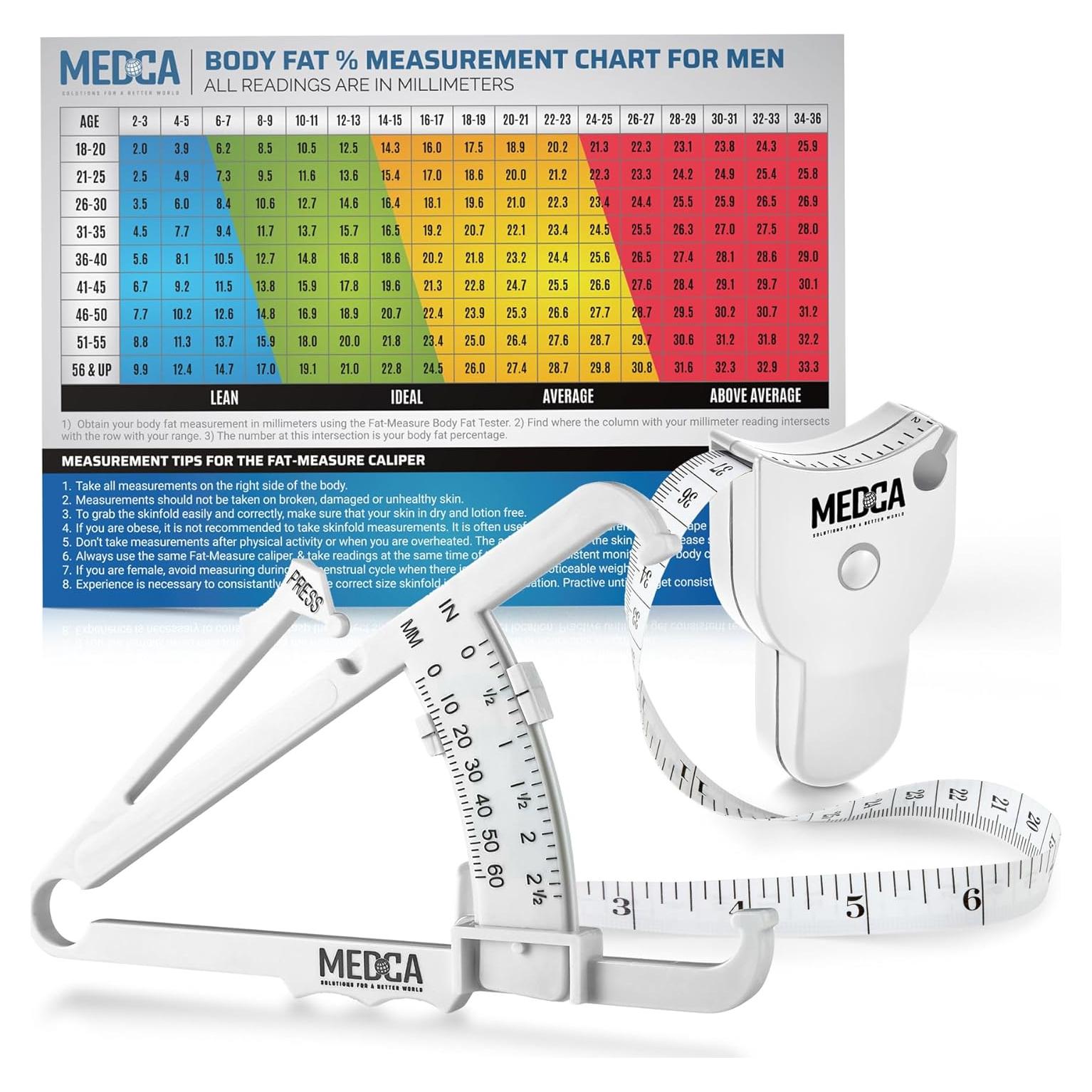 Calibrador de Grasa Corporal MEDca y Cinta Métrica Blanca