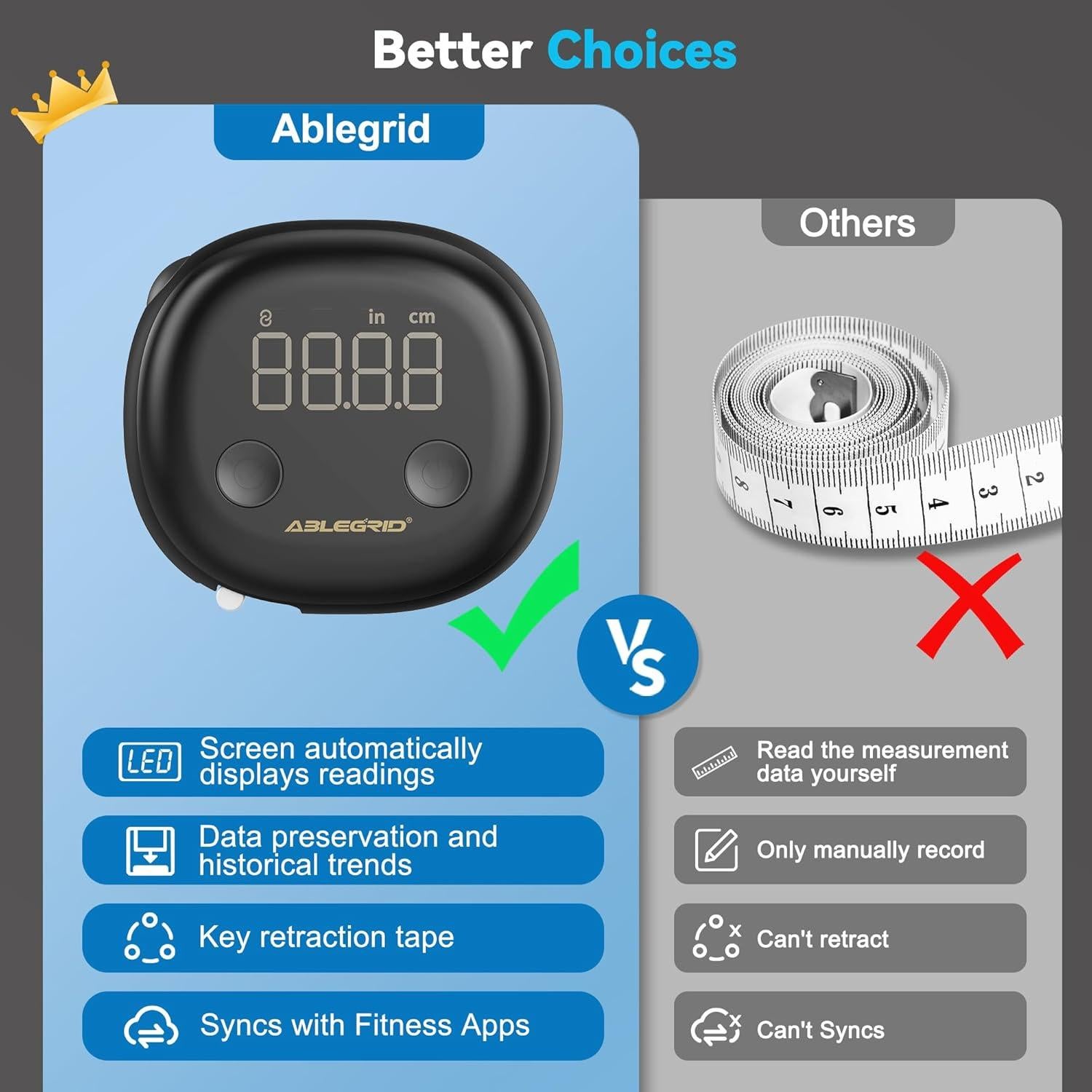 Cinta Métrica Corporal Inteligente ABLEGRID 150cm Recargable