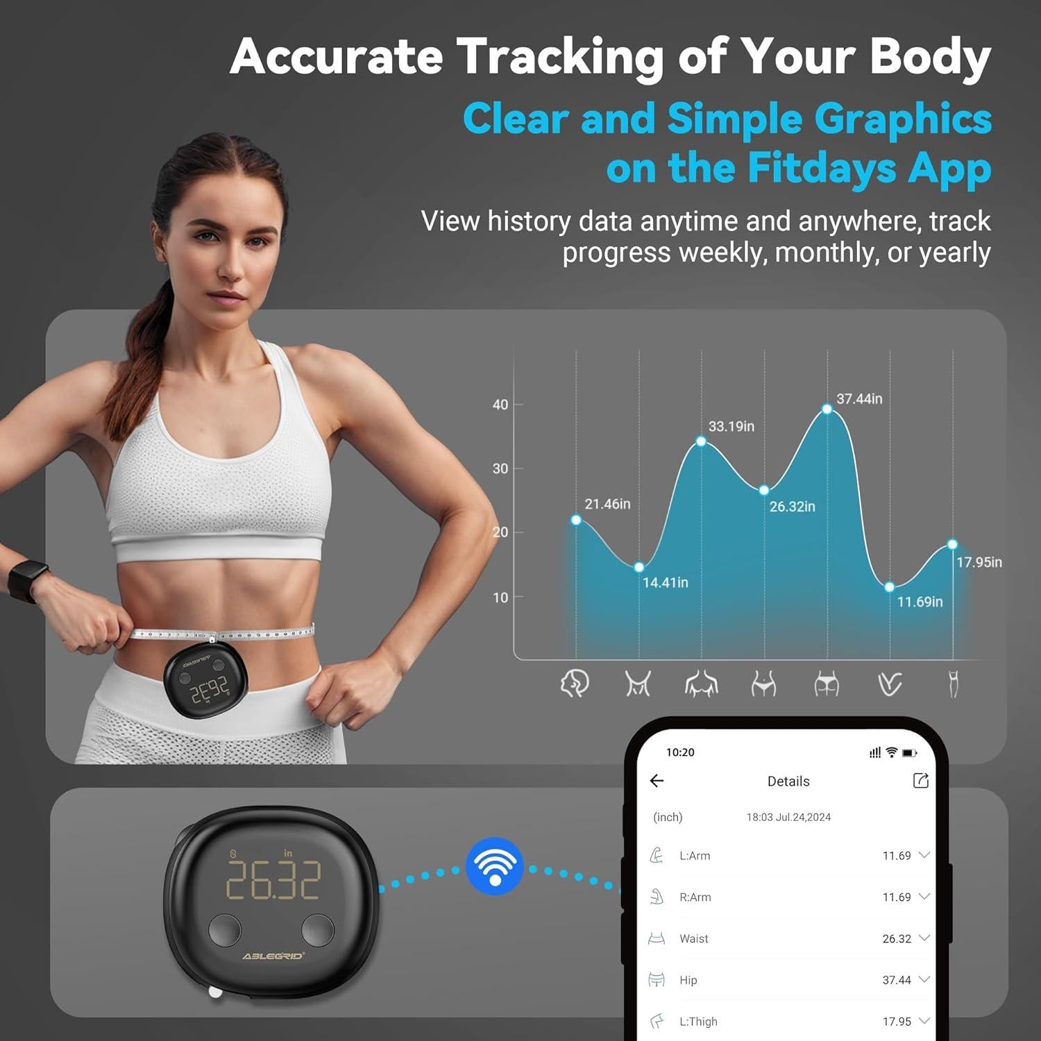 Cinta Métrica Corporal Inteligente ABLEGRID 150cm Recargable