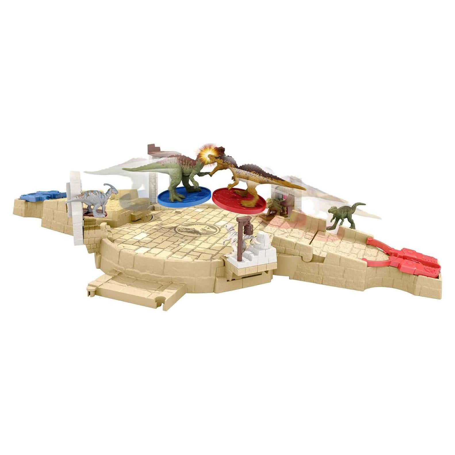 Jurassic World HBT63 Mini Battle Arena Playset and Game with 6 Dino Mini Figures, 2 Disc Launchers, Multilevel Play Area, Dinosaur Toy from 4 Years
