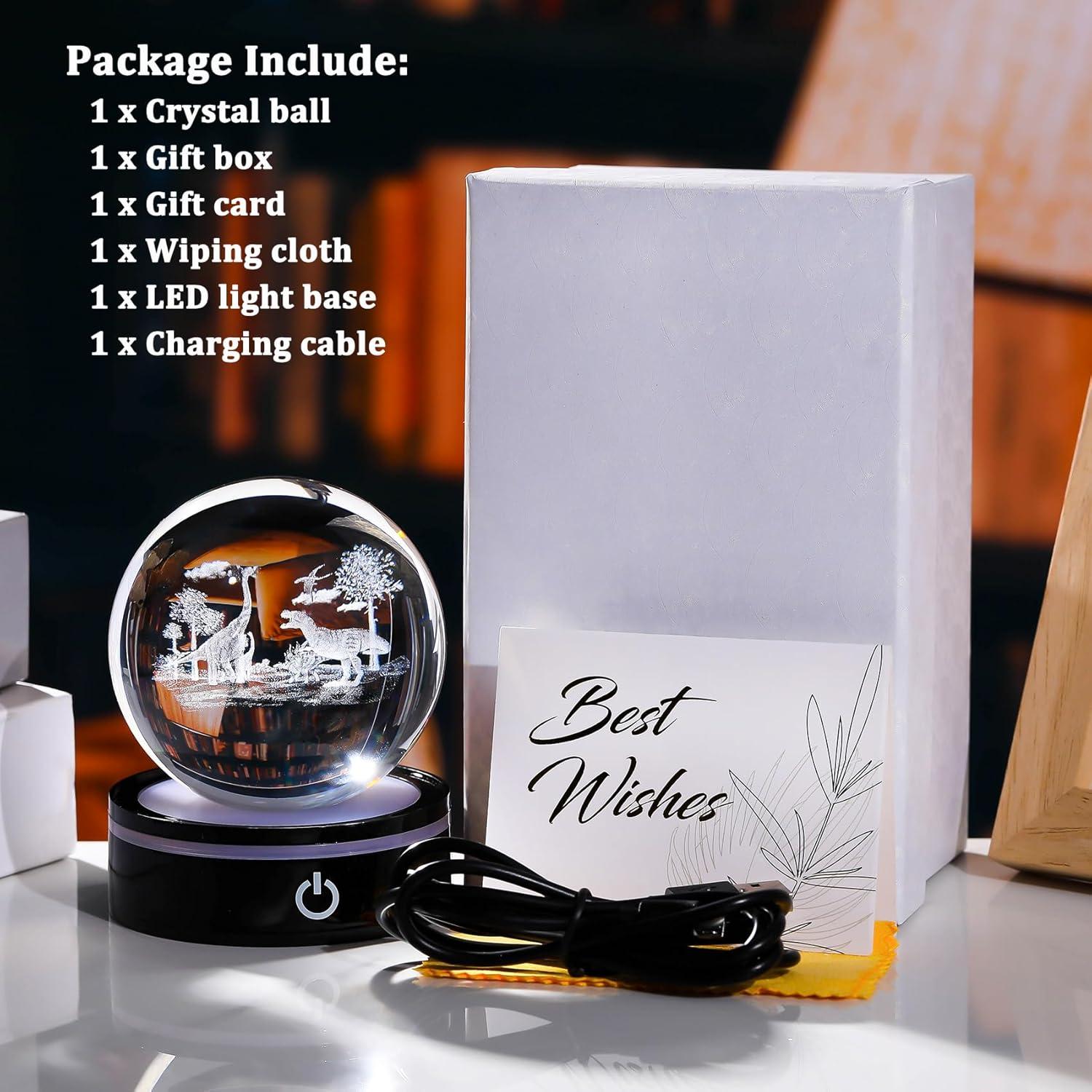 YWHL Bola de Cristal 3D de Dinosaurio con Base LED 8cm