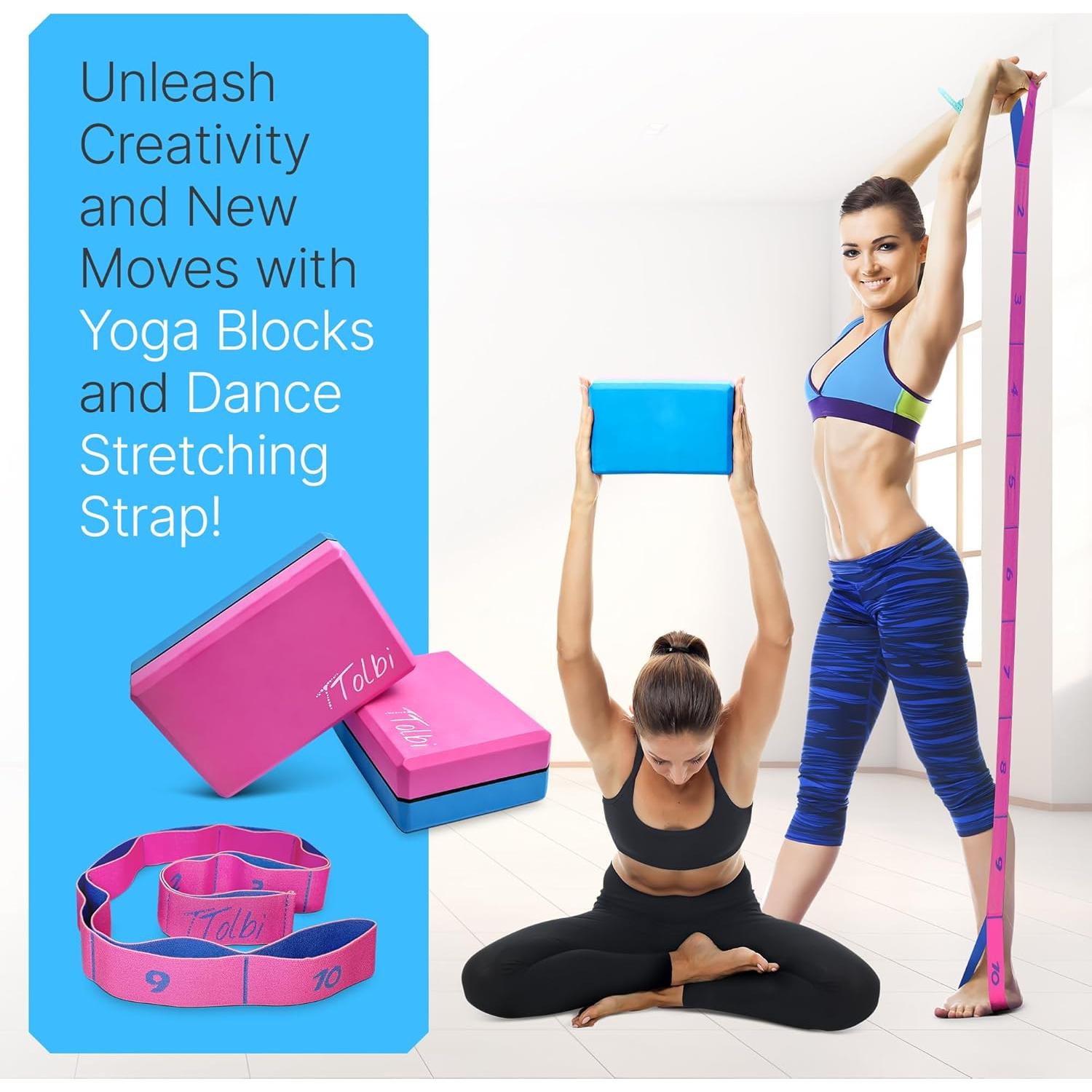 Juego de 2 Bloques de Yoga TTolbi con Banda de Estiramiento Rosa