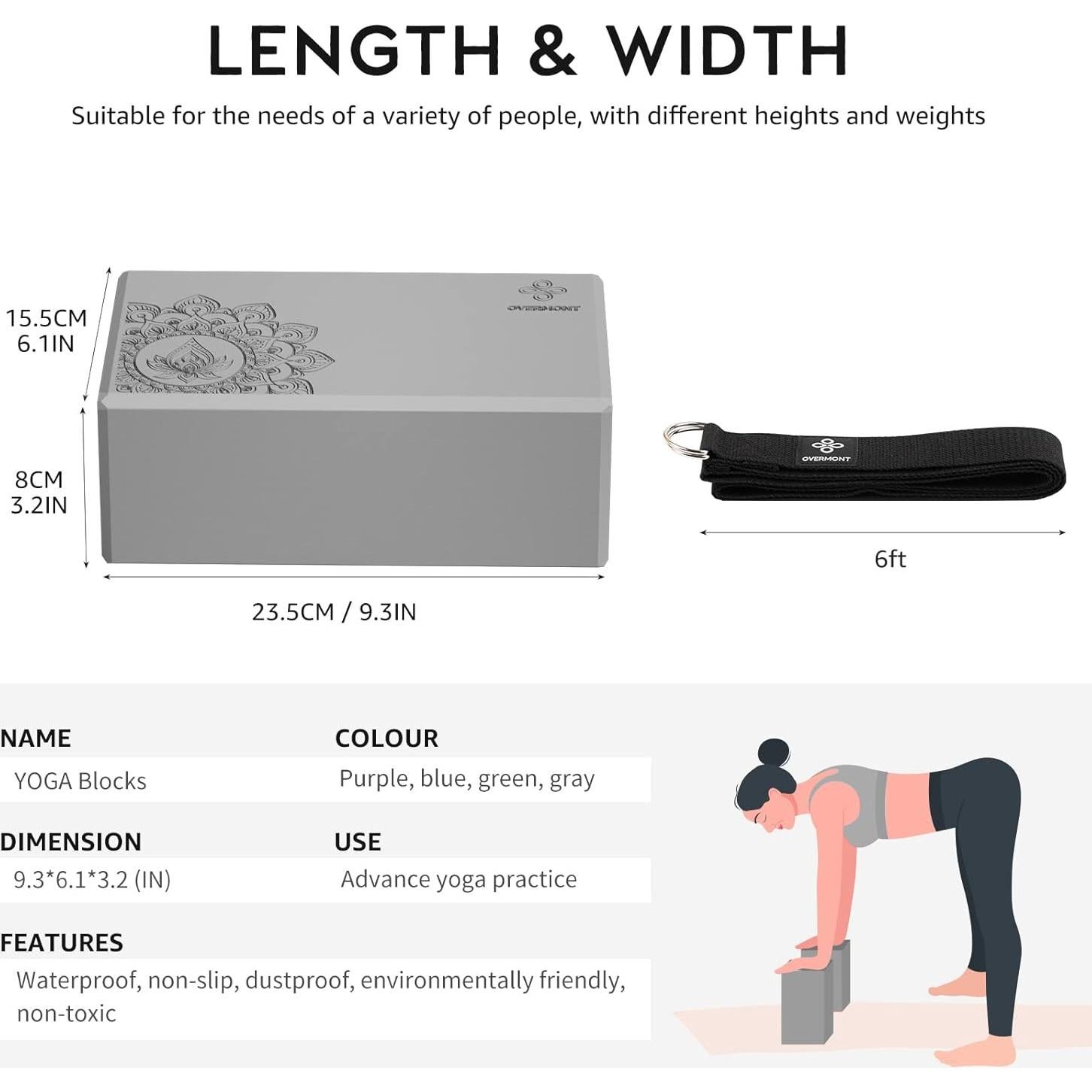 Bloques de Yoga Overmont 2 Piezas EVA Antideslizante 23x15x8cm