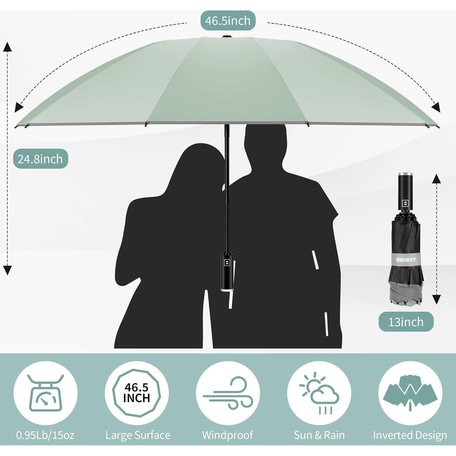 Paraguas Invertido Seniny Compacto Automático UV 117 cm Verde