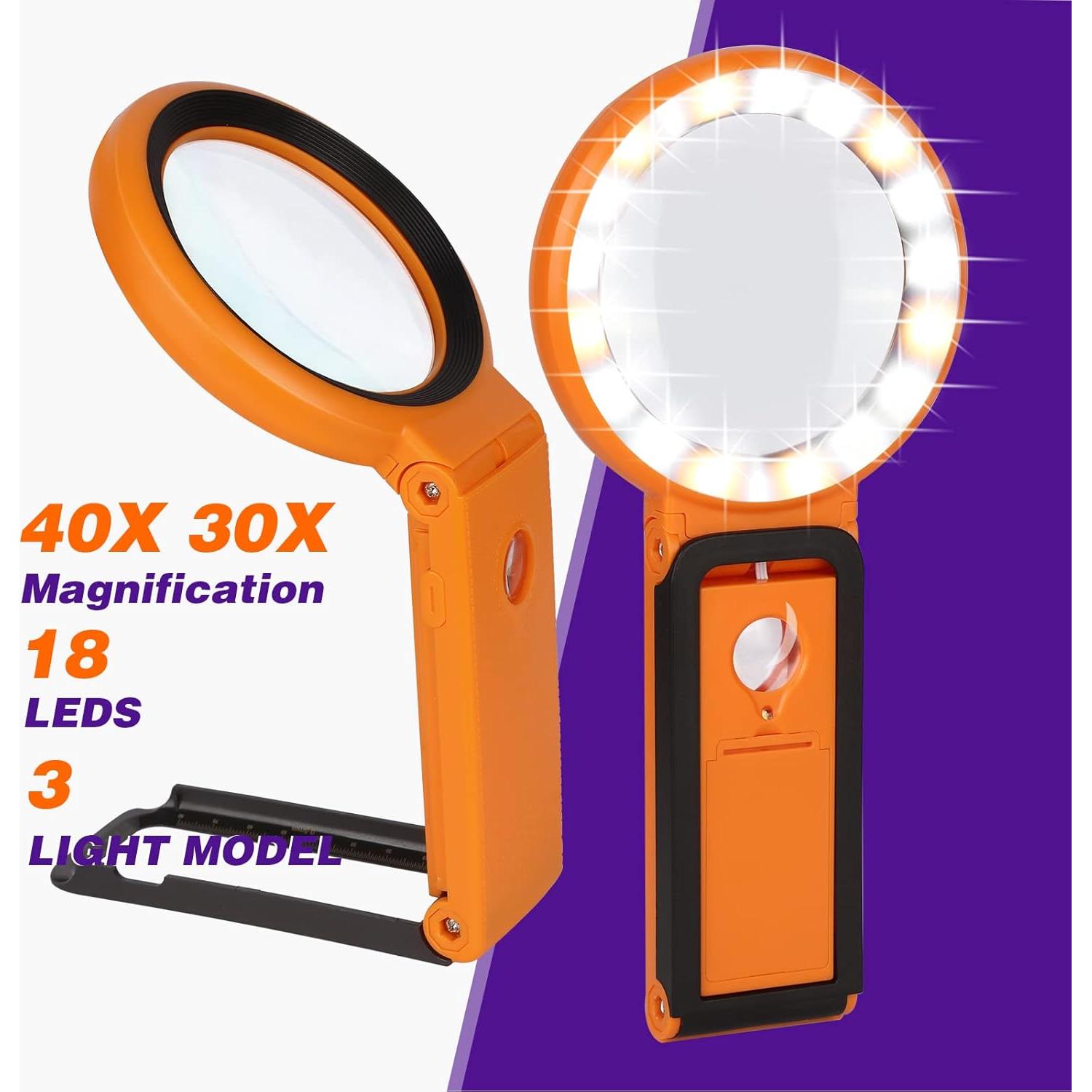 Lupa KIBTOY 30X 40X con Luz LED y Soporte Plegable Naranja