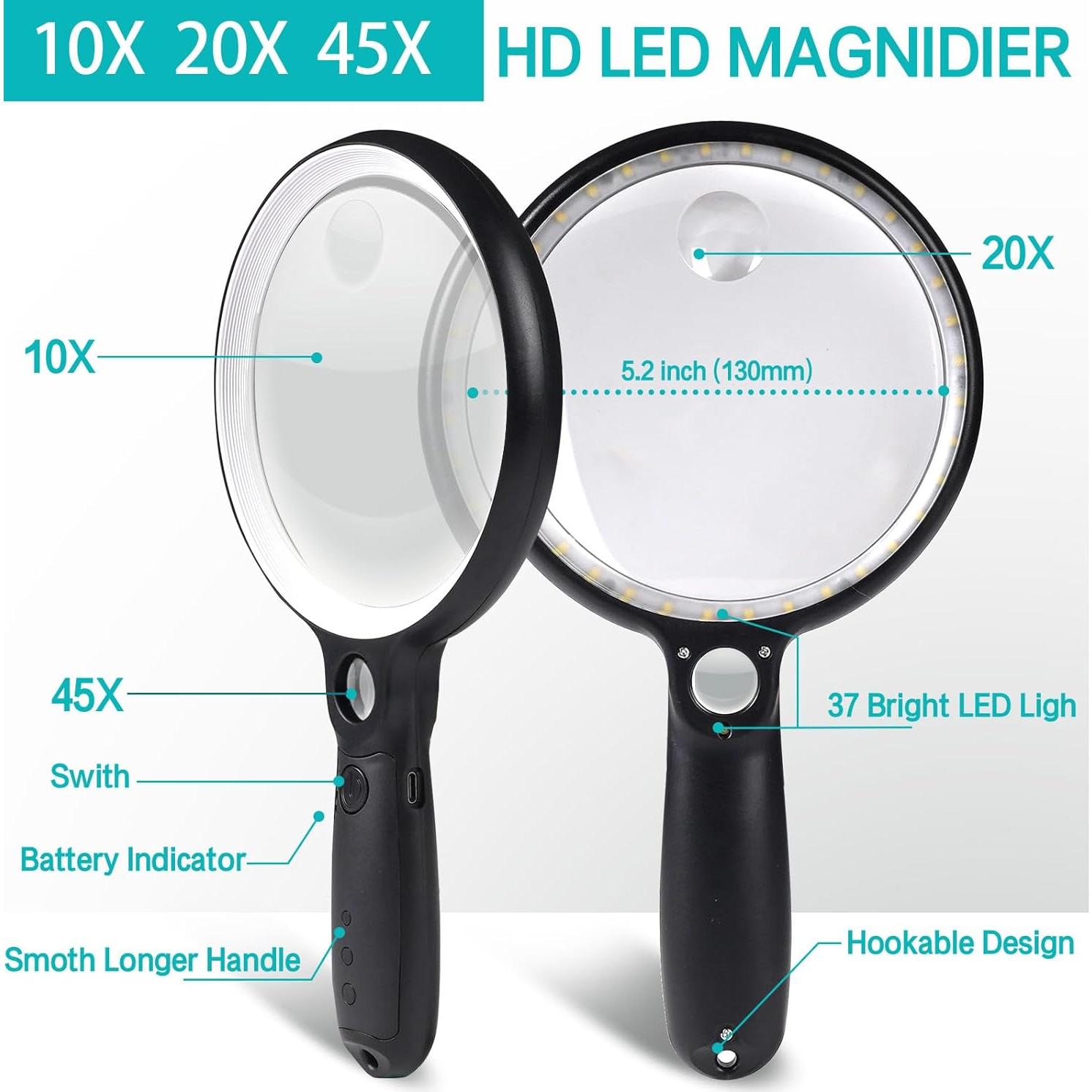 Lupa de Mano Iluminada GABORISH 10X 20X 45X con 37 LEDs