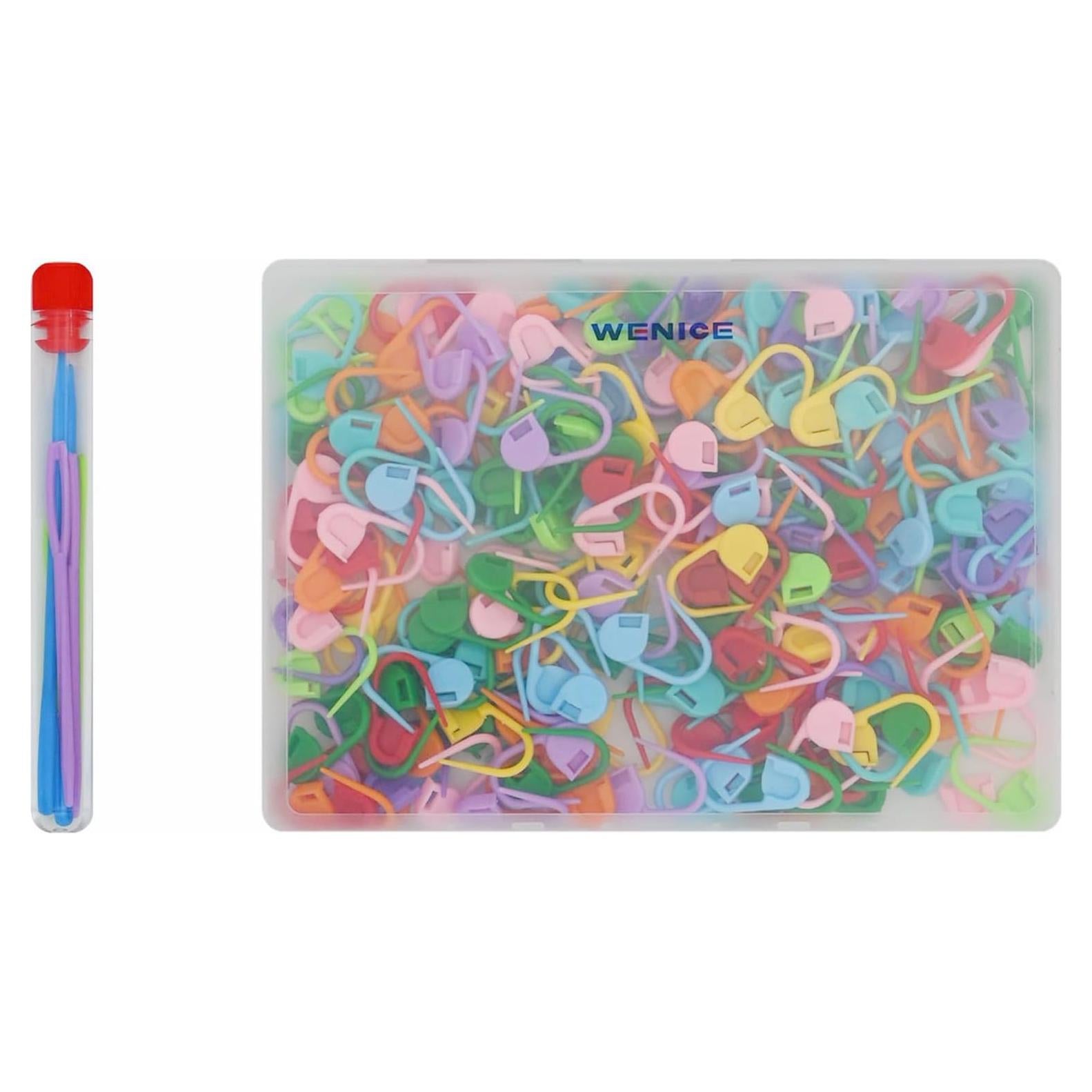 WENICE 300pcs Stitch Markers with 6 Pieces of Large Blunt Sewing Needles,Colorful Knitting Markers