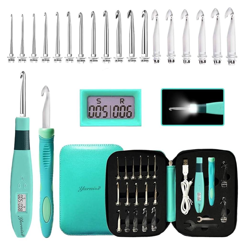 Juego de Ganchillos de Crochet Yarniss con Luz y Contador 18 Piezas