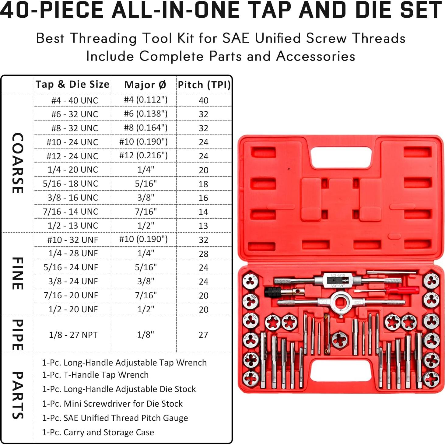 EFFICERE Kit de 40 Piezas de Herramientas de Rosca SAE Unificado