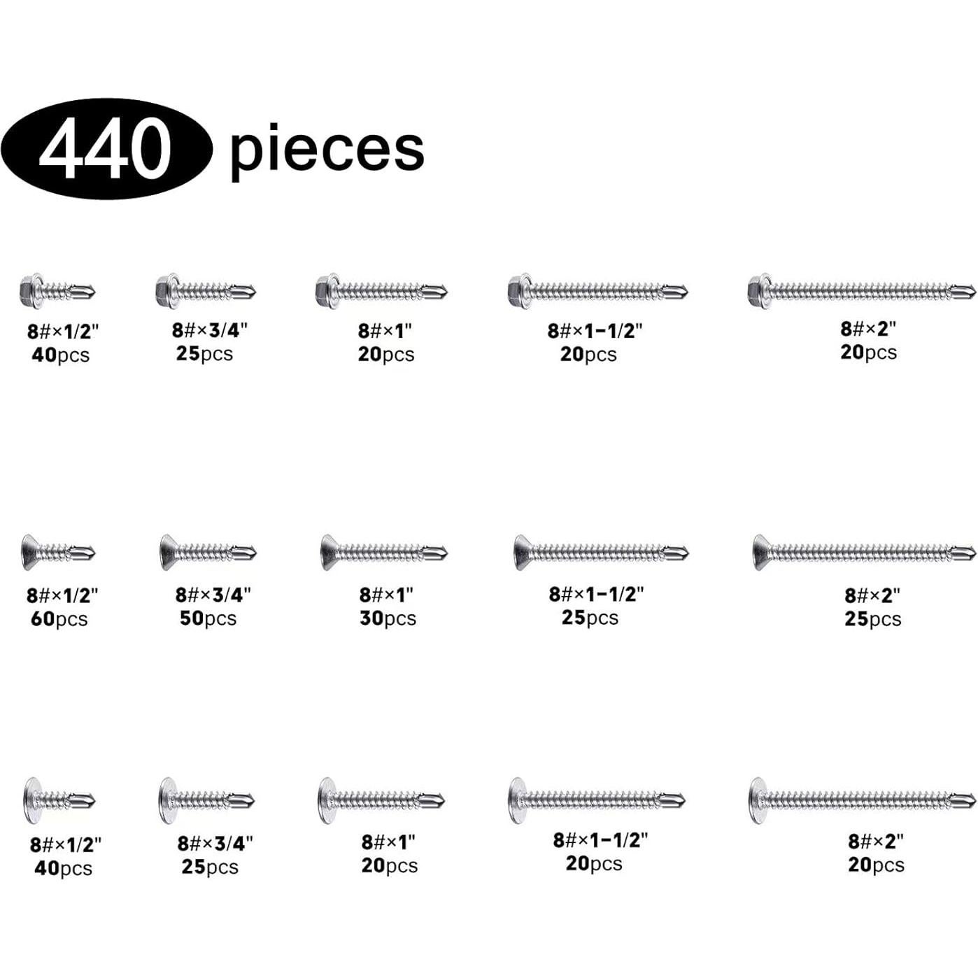 Juego de Tornillos Autoperforantes Yuecinoow 440 Pcs Acero Inoxidable