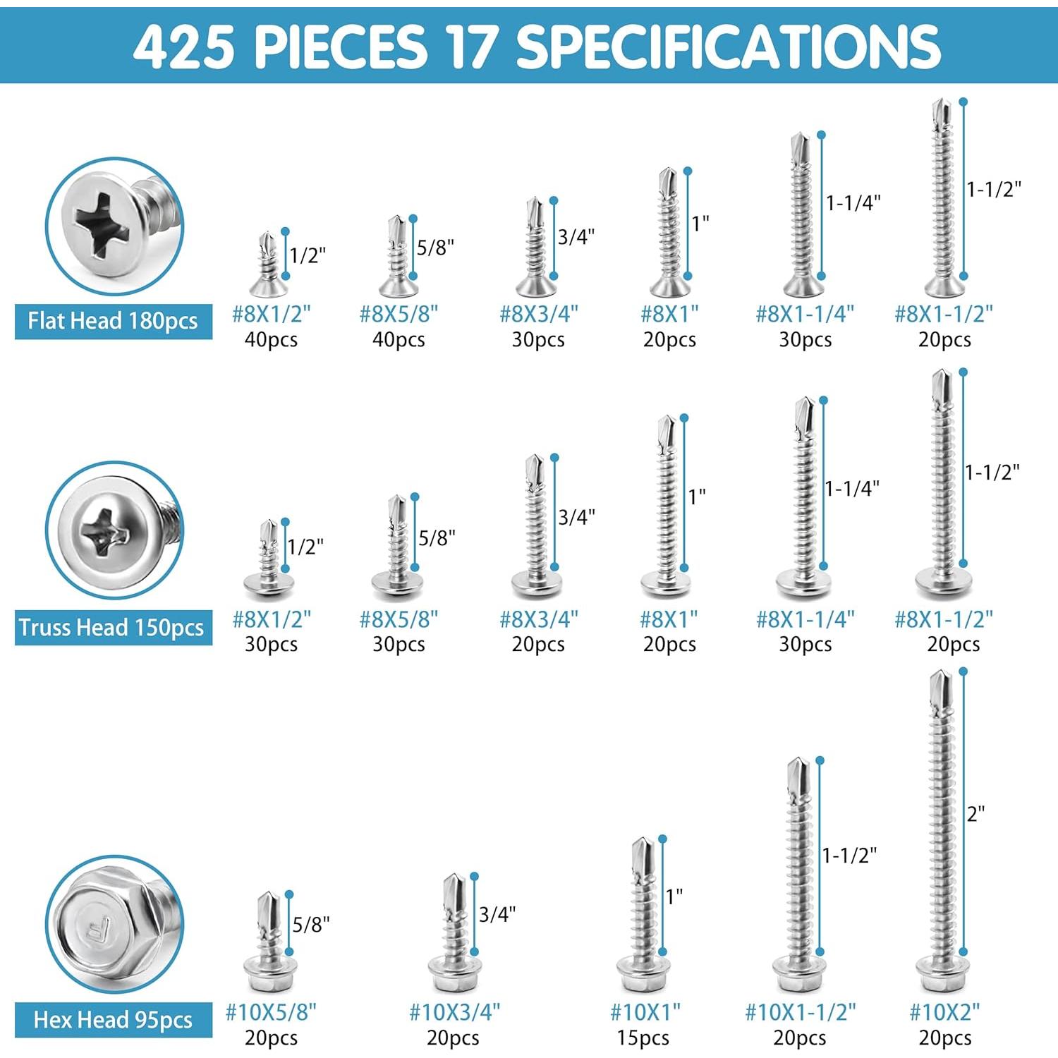Juego de Tornillos Autorroscantes SATANTECH 425pcs Acero Inoxidable