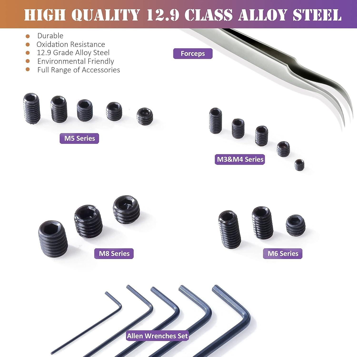 Kit de Tornillos de Ajuste M3 a M8 ZTF - 530 Piezas Acero 12.9