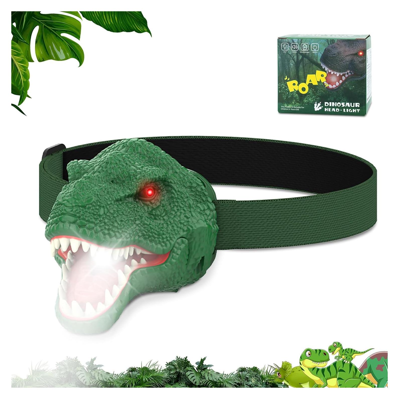 Linterna Frontal Dinosaurio Nitigo Verde 4 Modos Luz y Sonido