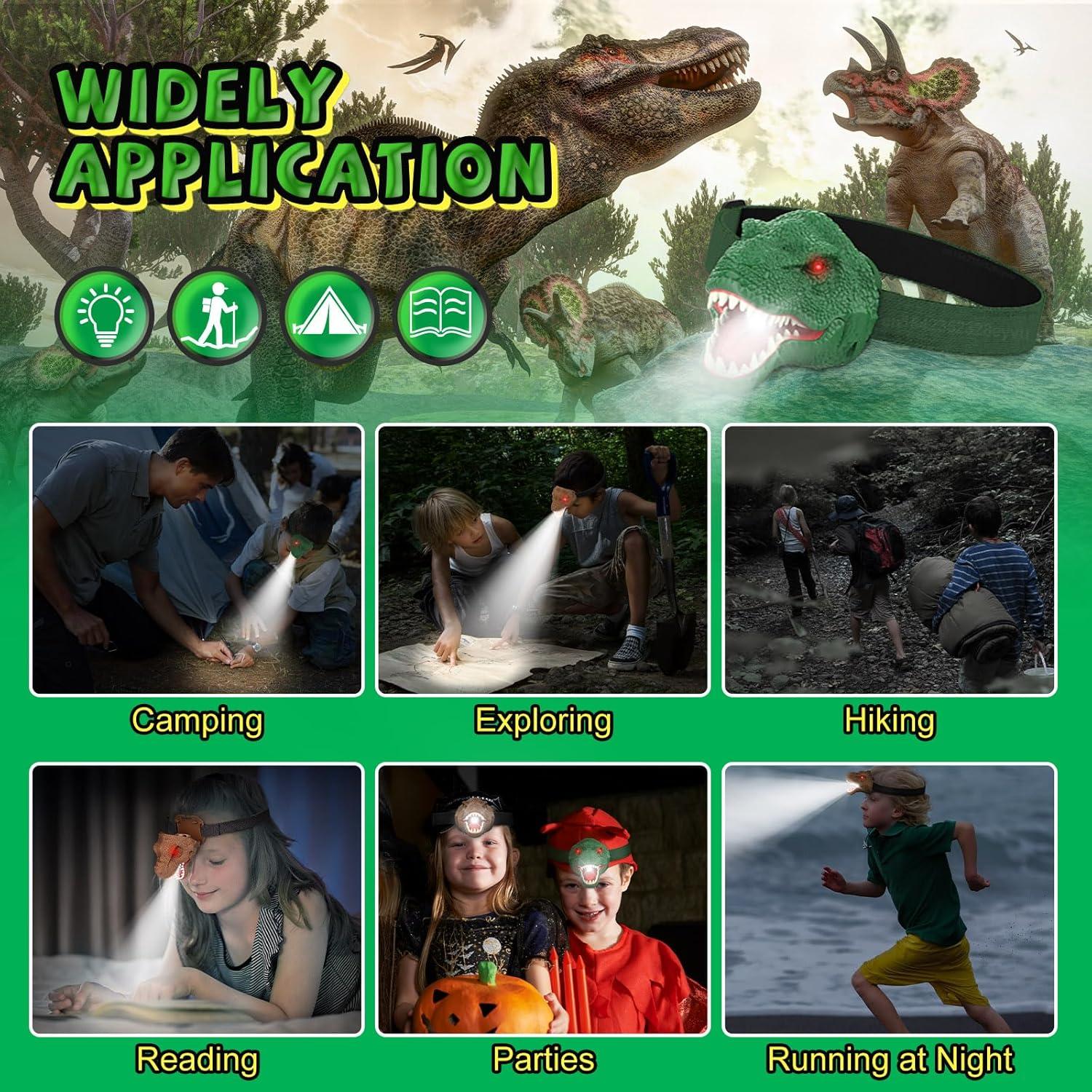 Linterna Frontal Dinosaurio Nitigo Verde 4 Modos Luz y Sonido