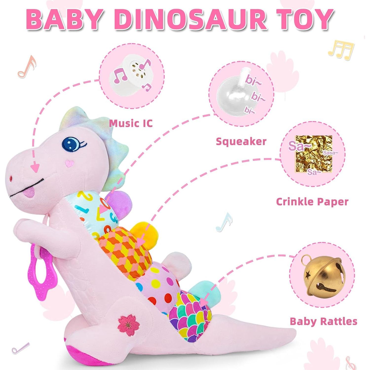 Juguete de Peluche Musical Dino Rosa para Bebés 0-12 Meses