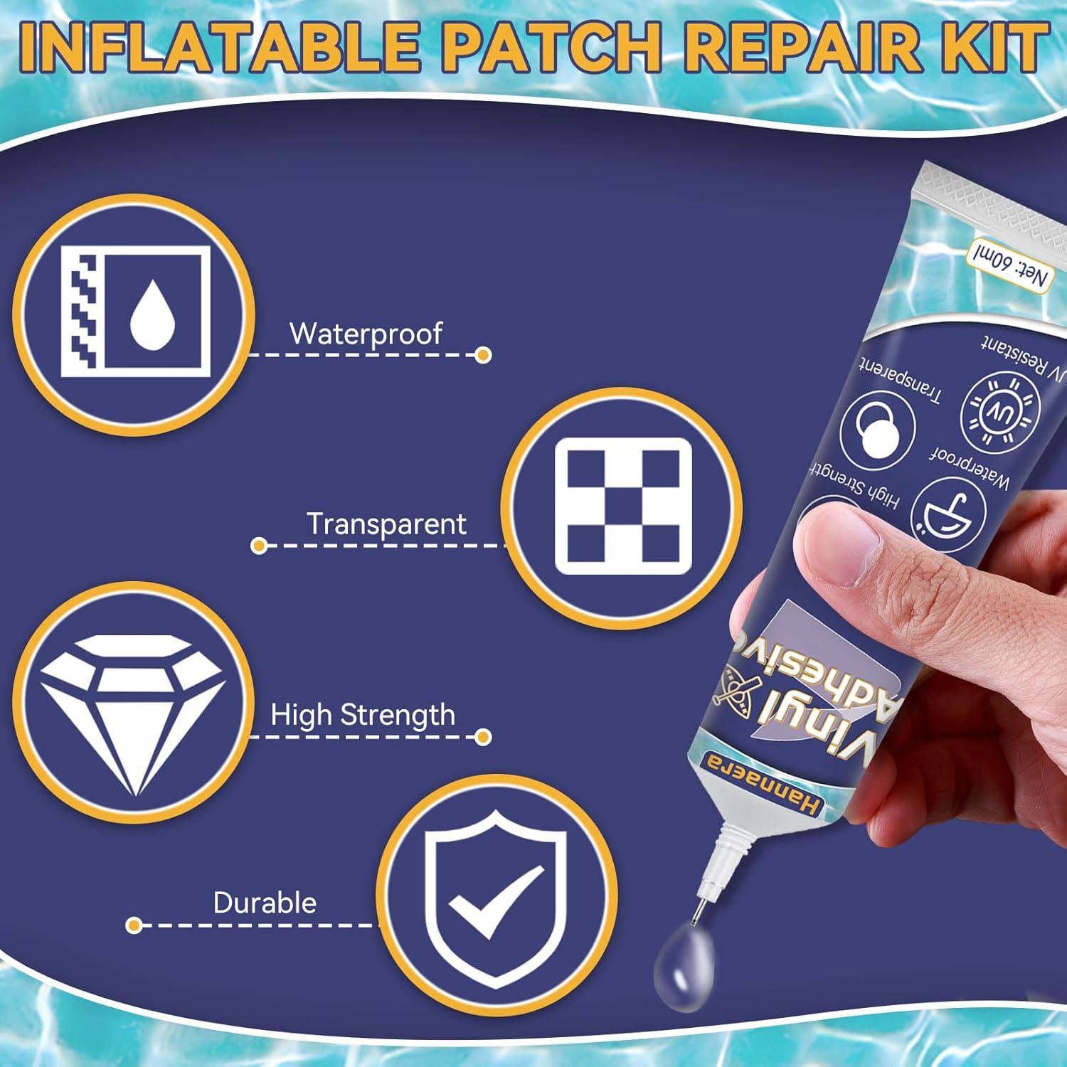 Inflatable Patch Repair Kit, Waterproof Air Mattress Patch Kit, Professionally Works on Blow up PVC & PU Inflatables, Pools, Hot Tubs & Tents 60 ML (PVCNEW-01V)