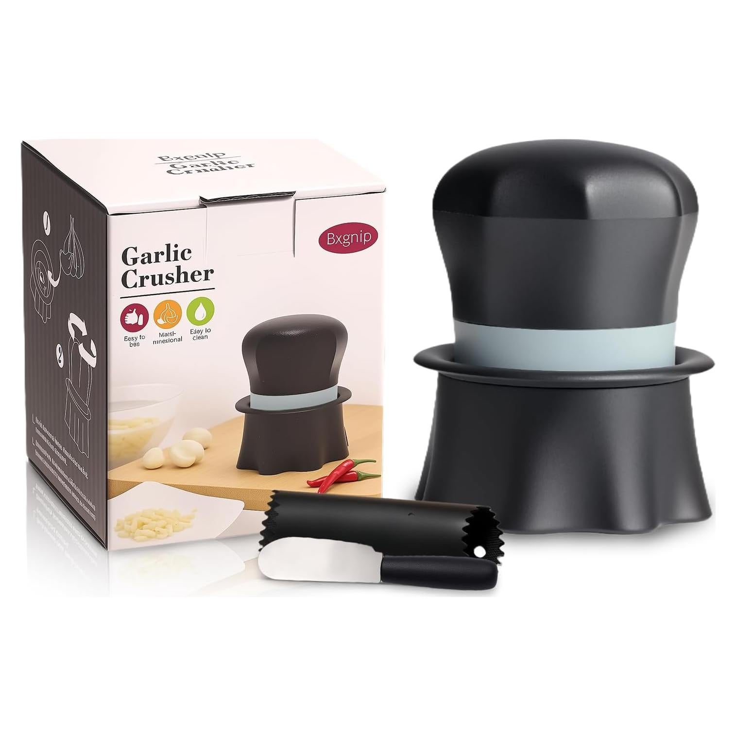 Prensador de Ajo Bxgnip con Pelador y Raspador - Negro/Blanco