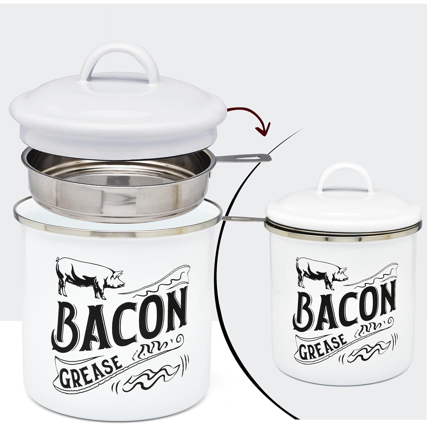 Contenedor de Grasa de Tocino 1.3L Blanco con Colador Acero Inoxidable