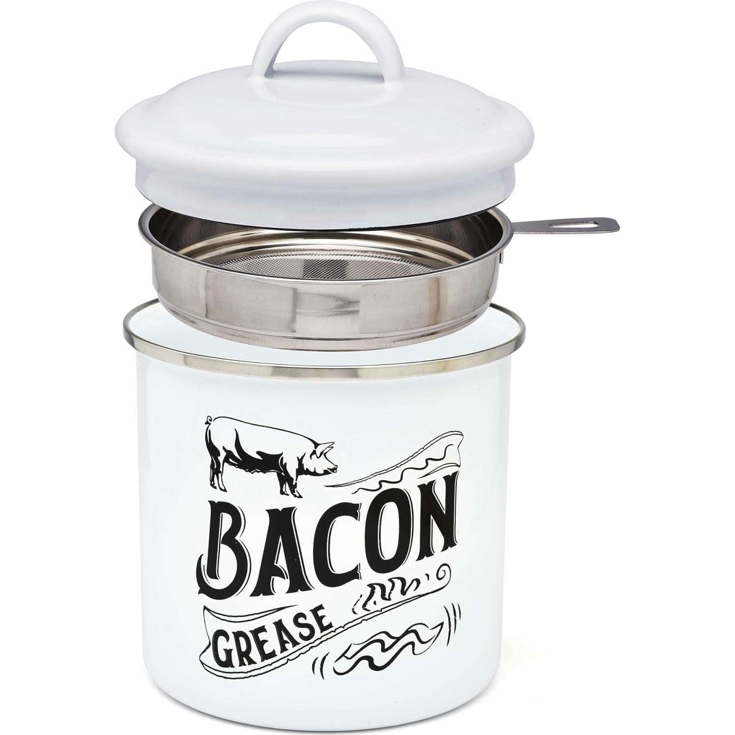 Contenedor de Grasa de Tocino 1.3L Blanco con Colador Acero Inoxidable