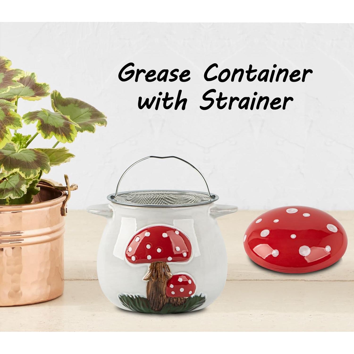 Contenedor de Grasa de Tocino Cerámica Hongo 0.79L con Colador