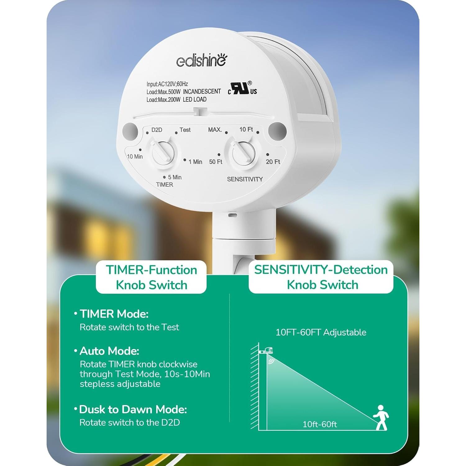 Sensor de Movimiento EDISHINE 180° Ajustable 18.3m Blanco
