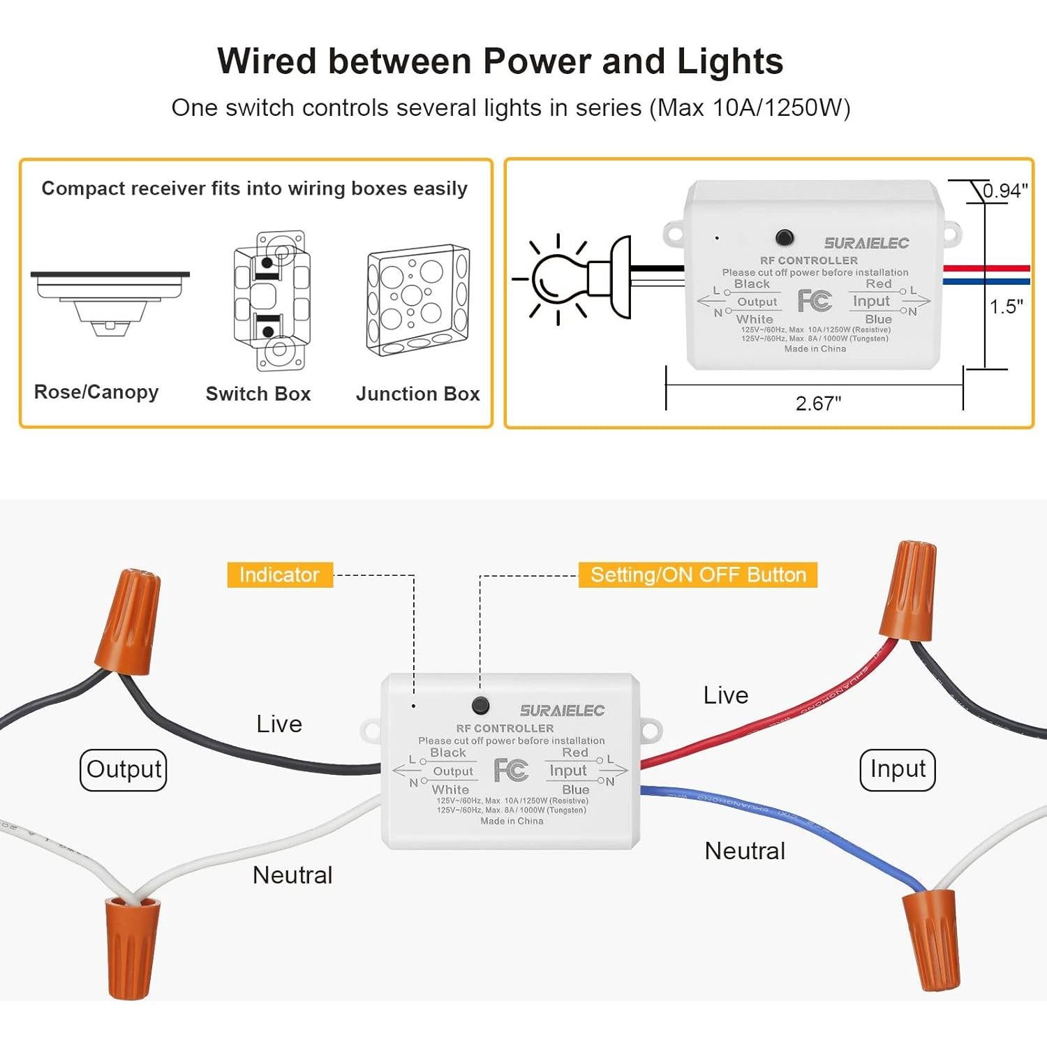 Interruptor de Luz Inalámbrico Suraielec 3 Vías Sin Cableado