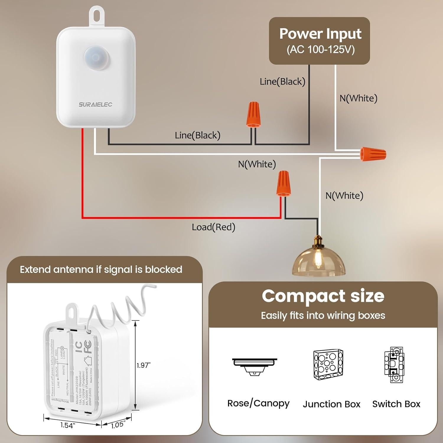 Kit Interruptor Luz Inalámbrico SURAIELEC 15A 30m RF Sin Cableado