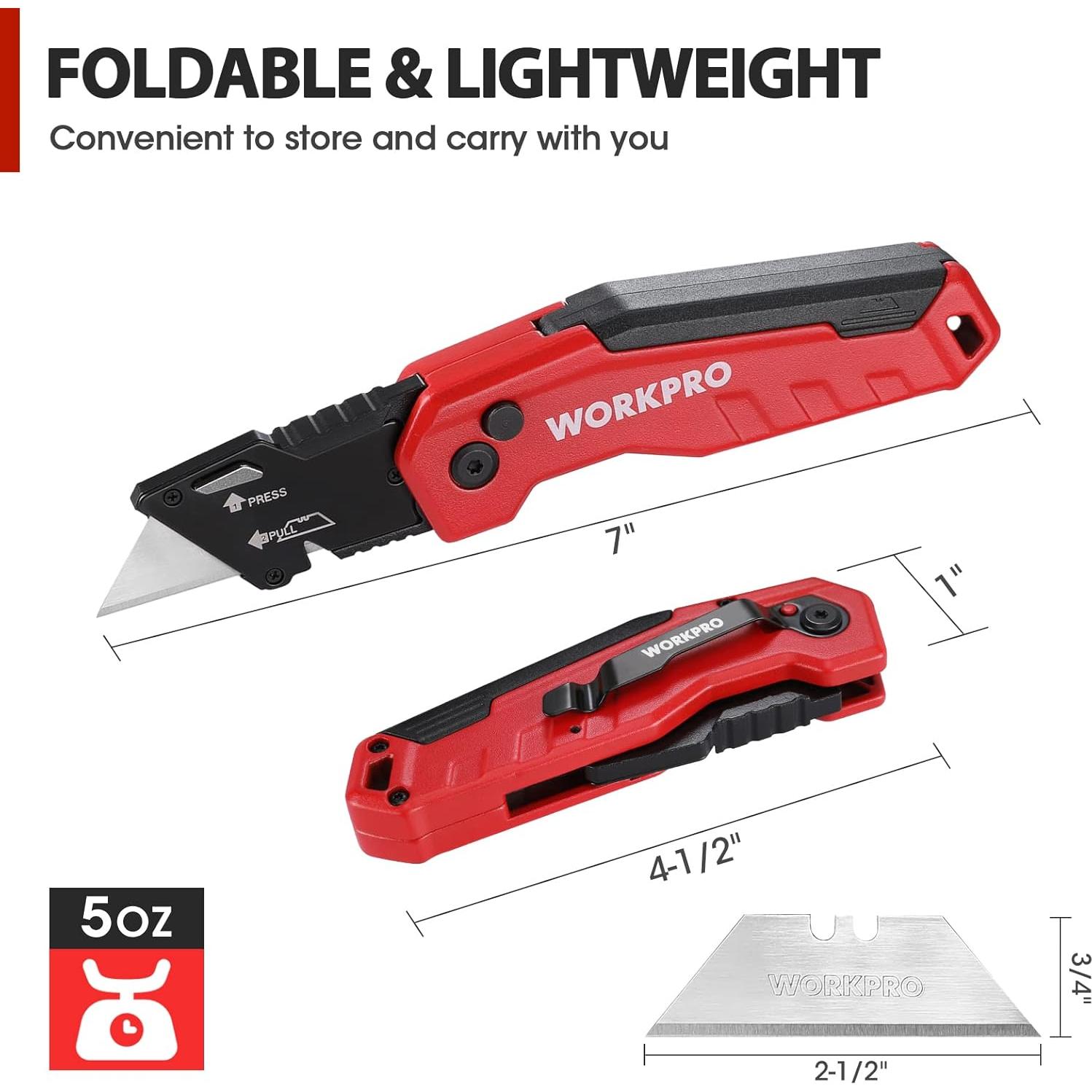 Cuchillo Utility Plegable WORKPRO Rojo con 13 Cuchillas SK5
