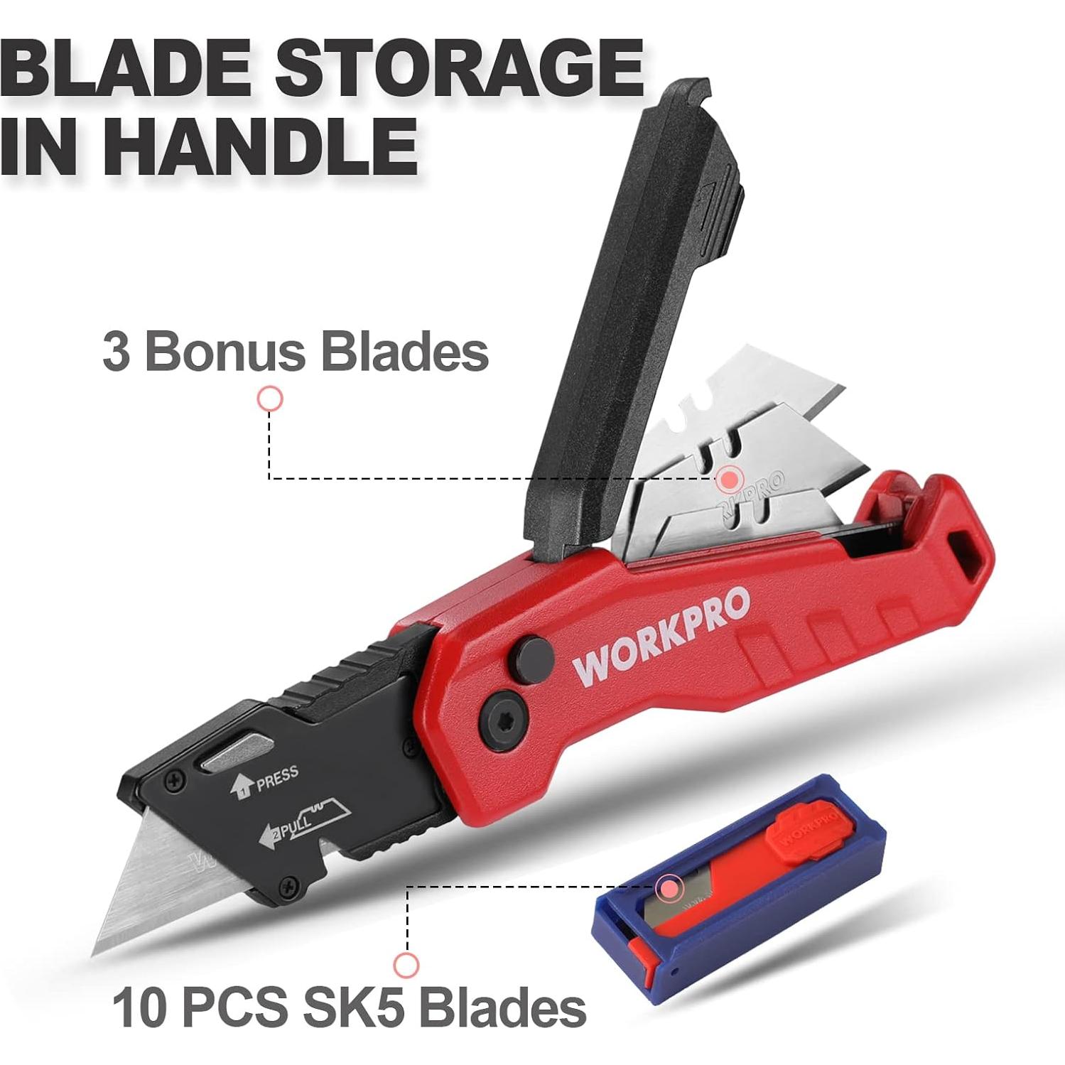 Cuchillo Utility Plegable WORKPRO Rojo con 13 Cuchillas SK5