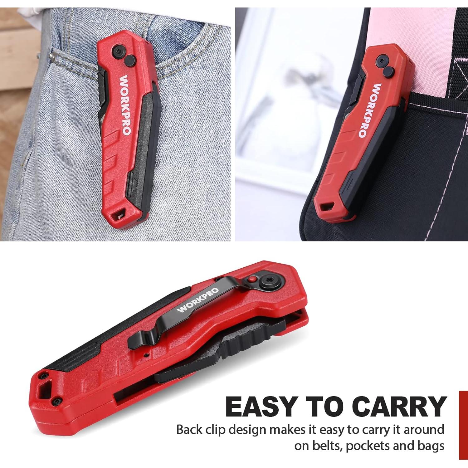 Cuchillo Utility Plegable WORKPRO Rojo con 13 Cuchillas SK5