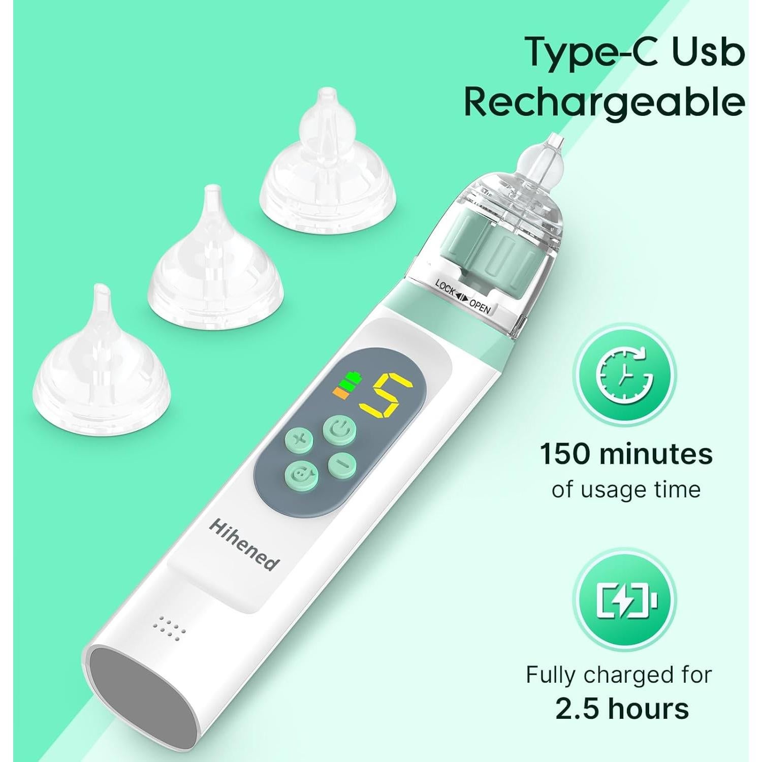 Aspirador Nasal Eléctrico Hihened para Bebés Verde con 3 Puntas