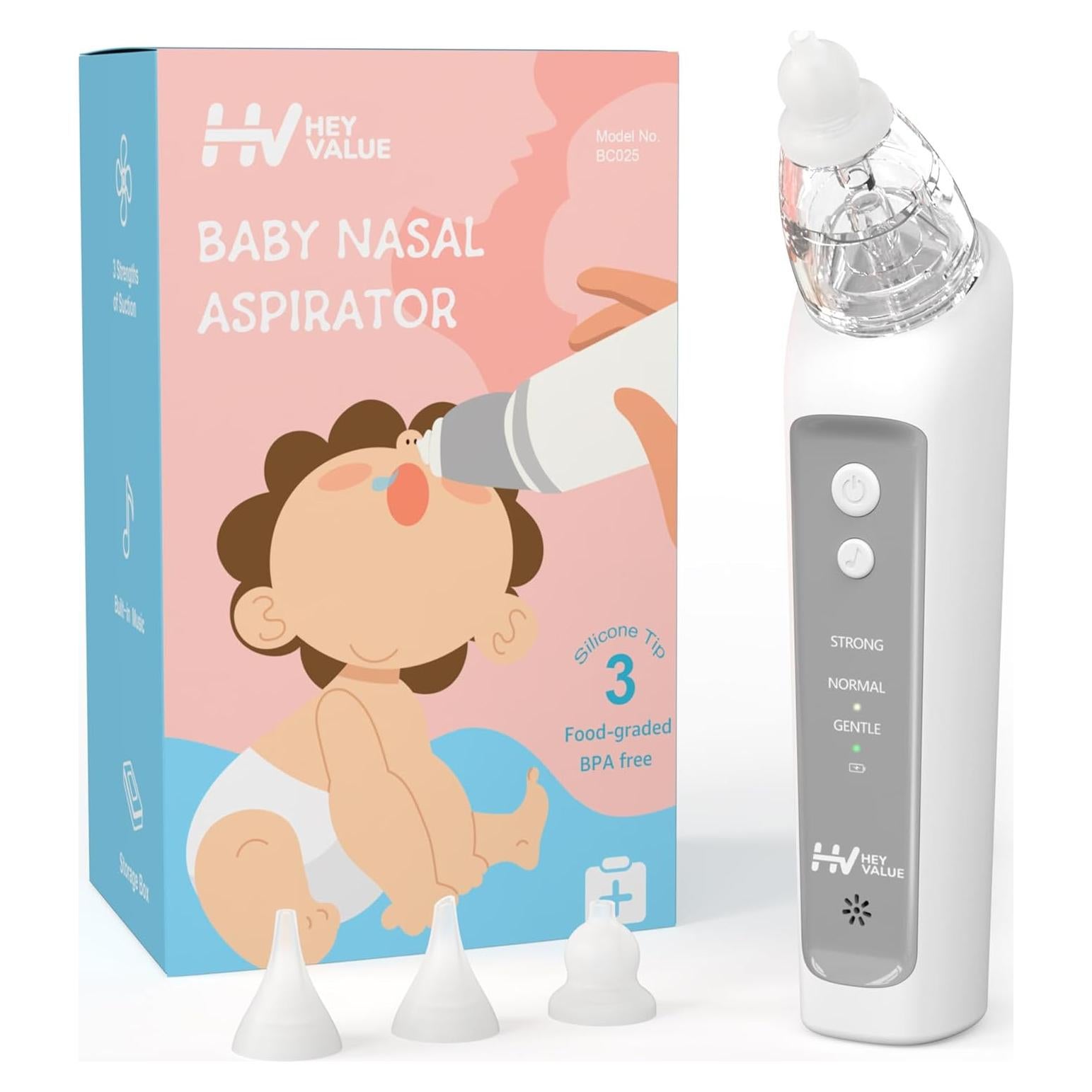 Aspirador Nasal Eléctrico HEYVALUE para Bebé con 3 Puntas