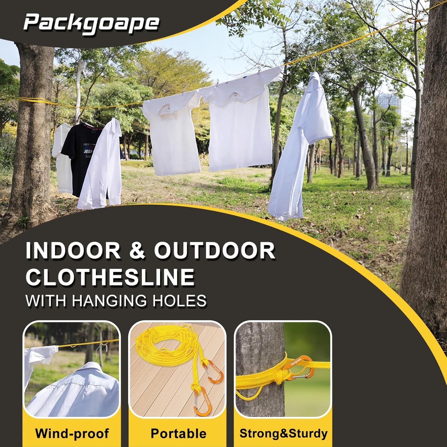 Cuerda de Ropa de Viaje Packgoape 3.81m Amarillo con Pinzas