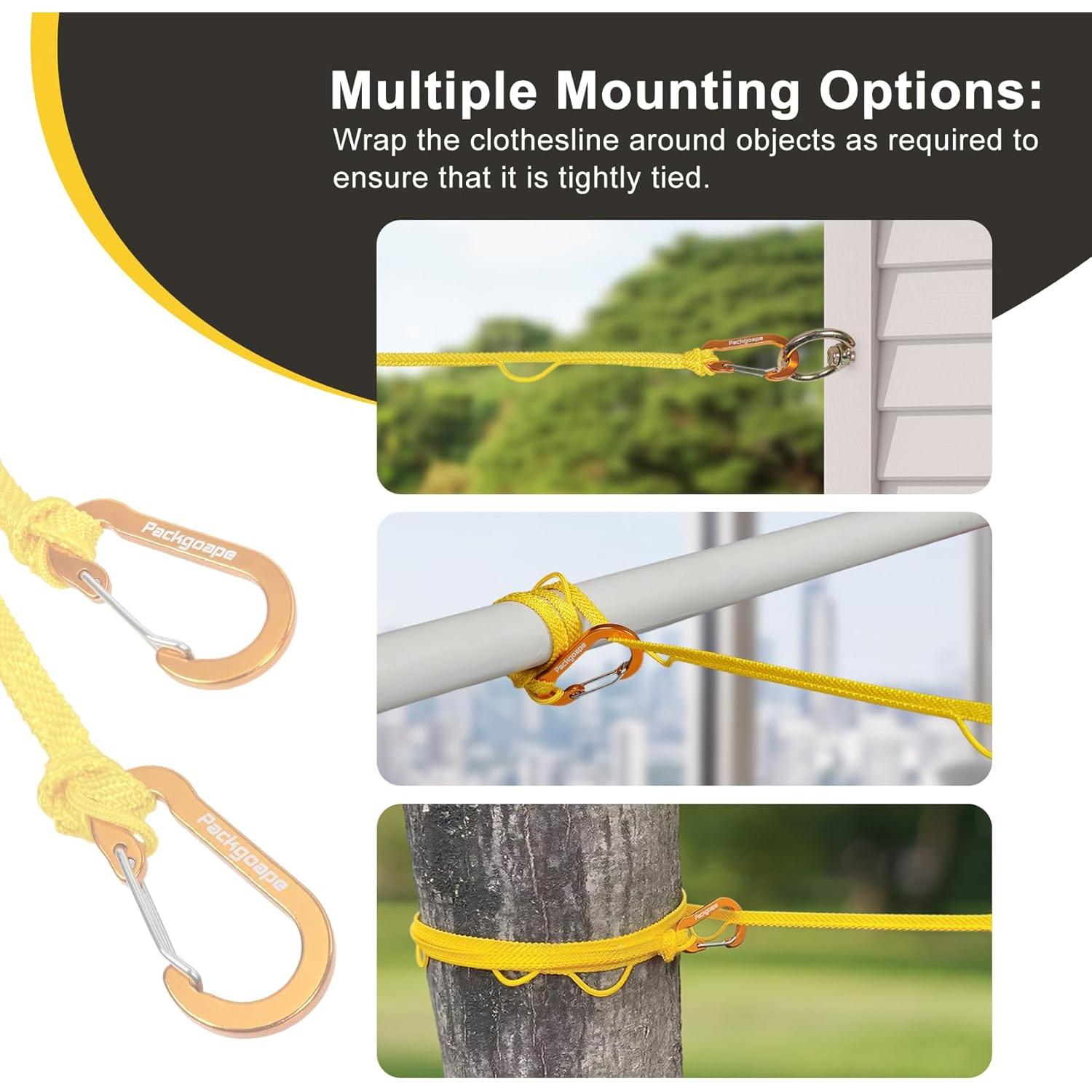 Cuerda de Ropa de Viaje Packgoape 3.81m Amarillo con Pinzas