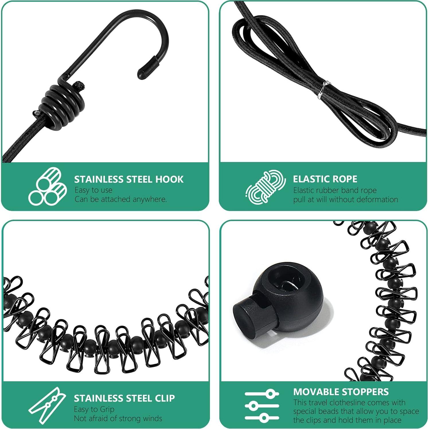 Cuerda de Viaje Retráctil Tekeviss 1.8m con 12 Pinzas y Toallas