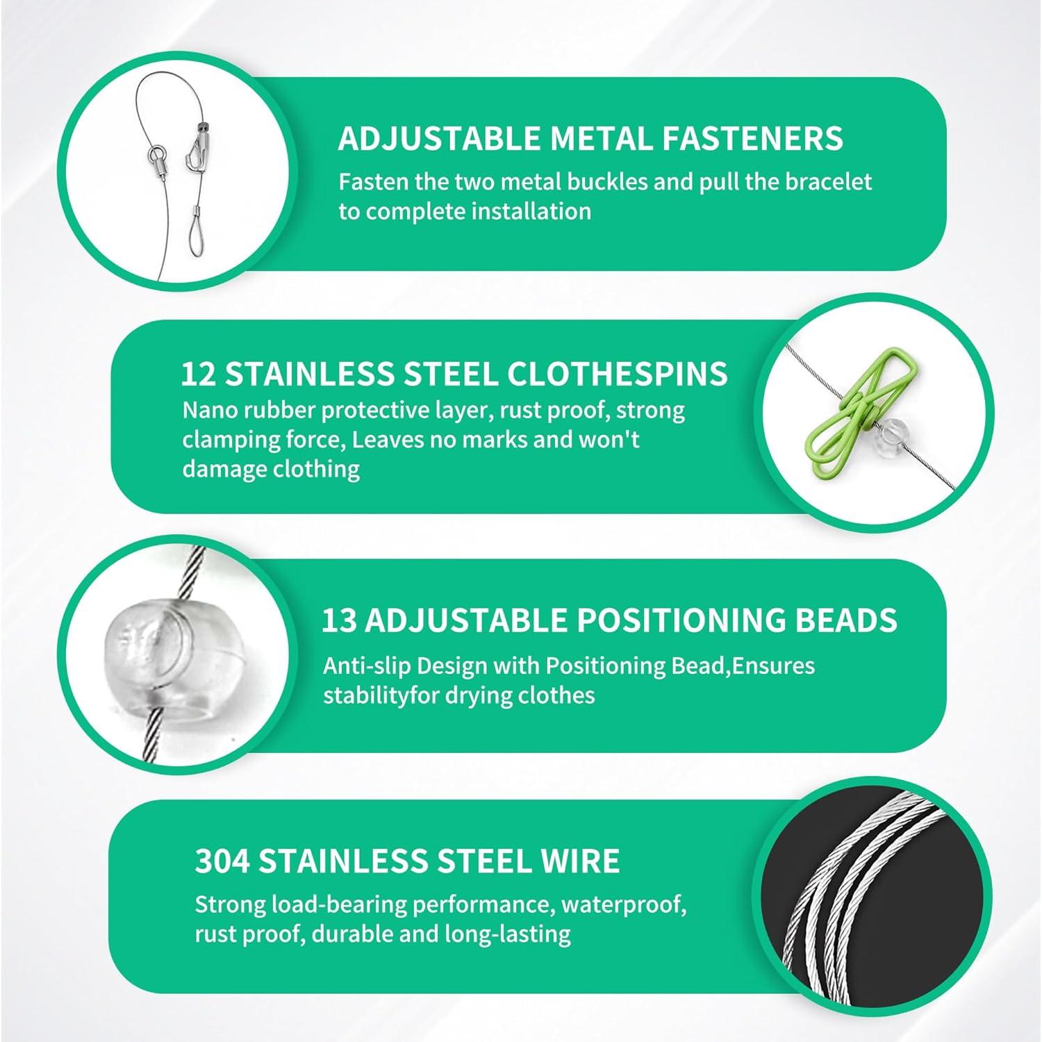 Cuerda de Ropa Portátil AIFOTO 3-12 pies Ajustable 30 lbs