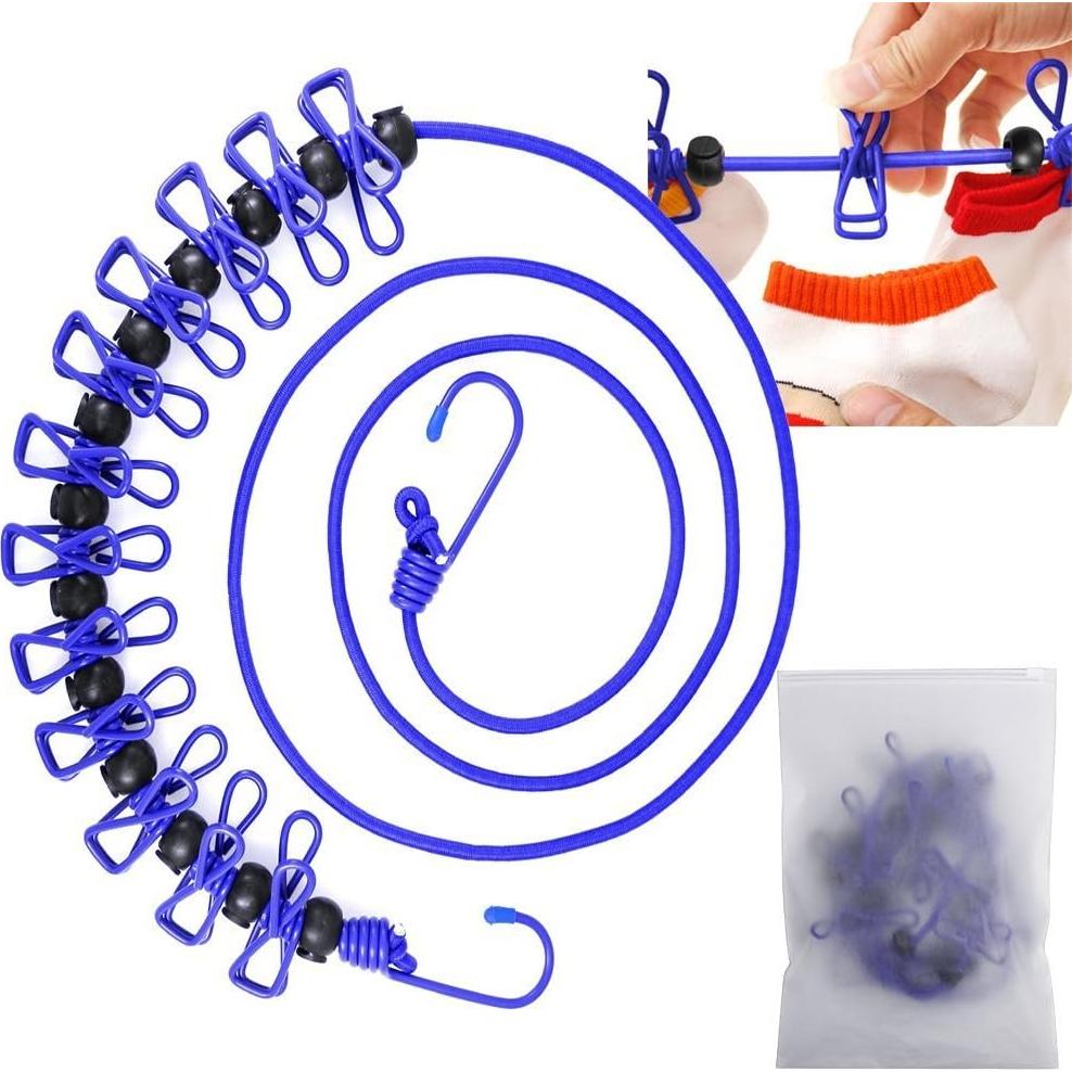 Cuerda de Ropa Portátil AIKESIWAY 1.8m Ajustable con 12 Clips