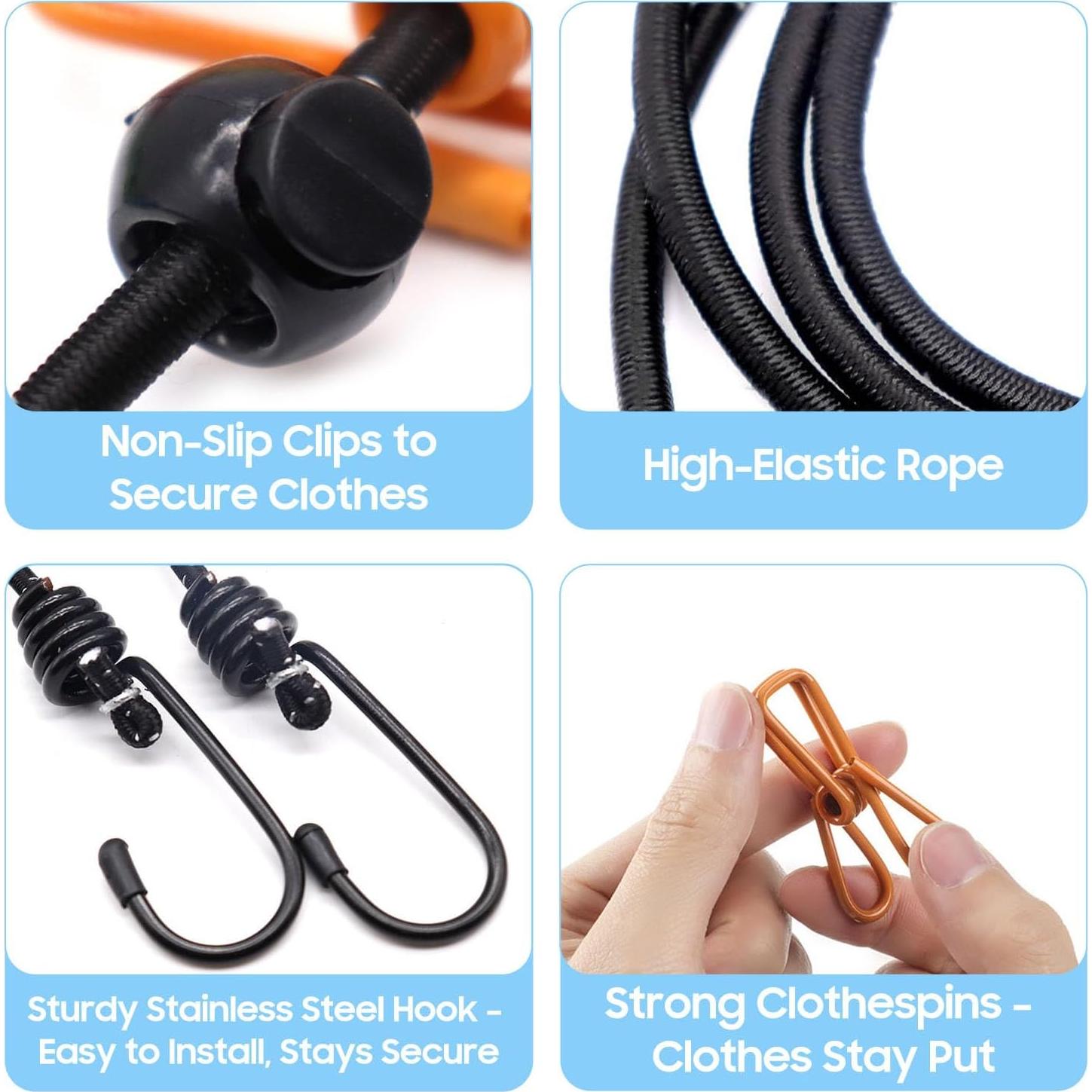 Cuerda de Ropa Portátil HAOYINEER 3m con 12 Pinzas para Secado