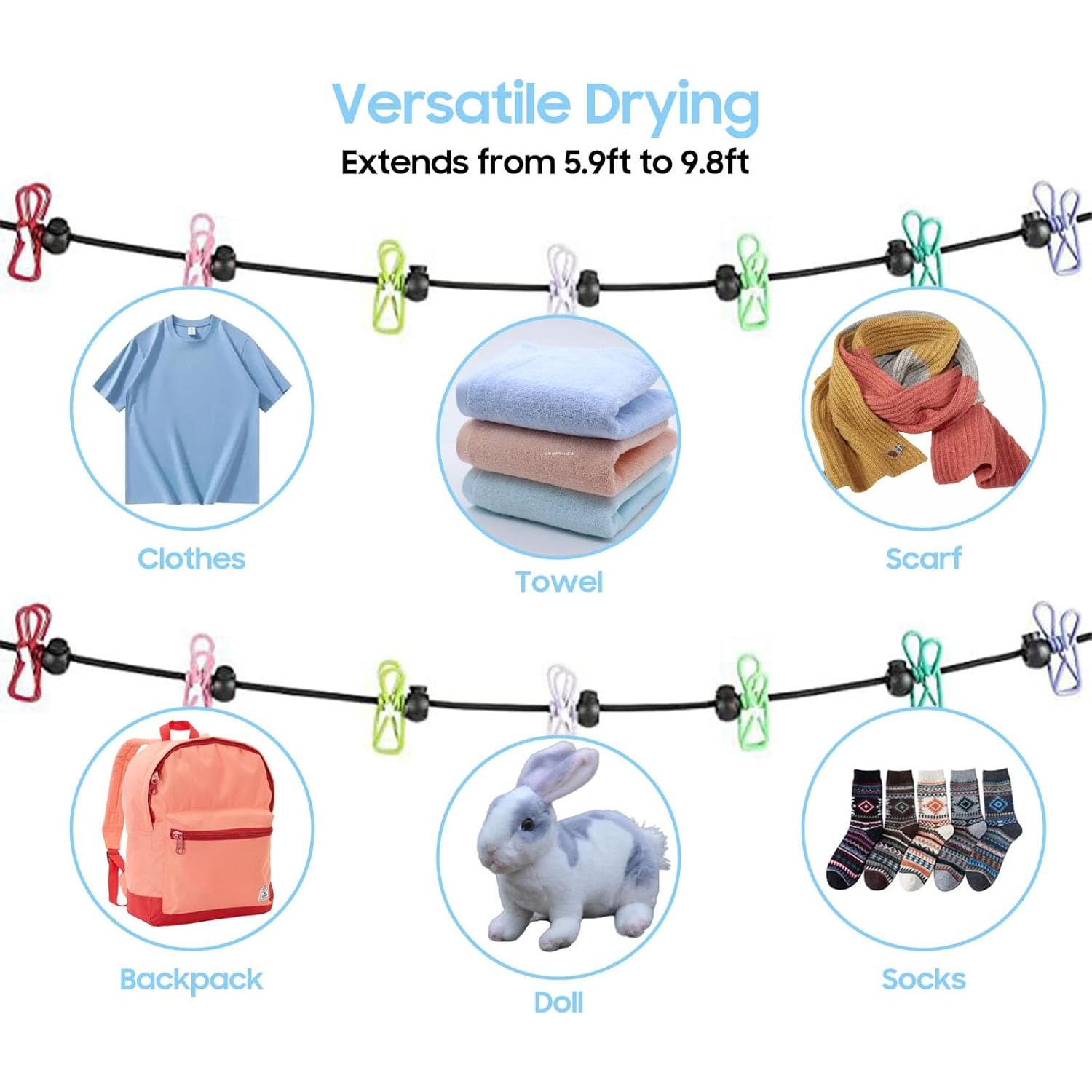 Cuerda de Ropa Portátil HAOYINEER 3m con 12 Pinzas para Secado