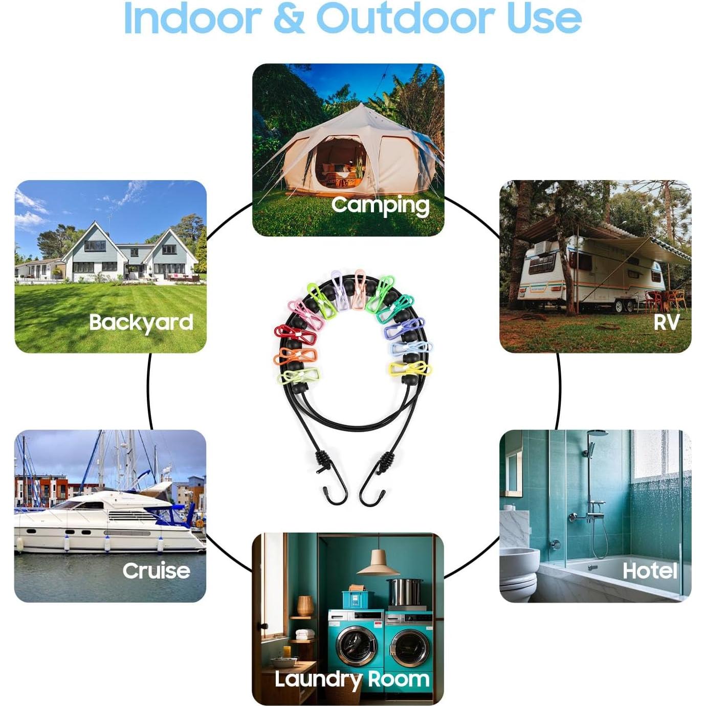 Cuerda de Ropa Portátil HAOYINEER 3m con 12 Pinzas para Secado