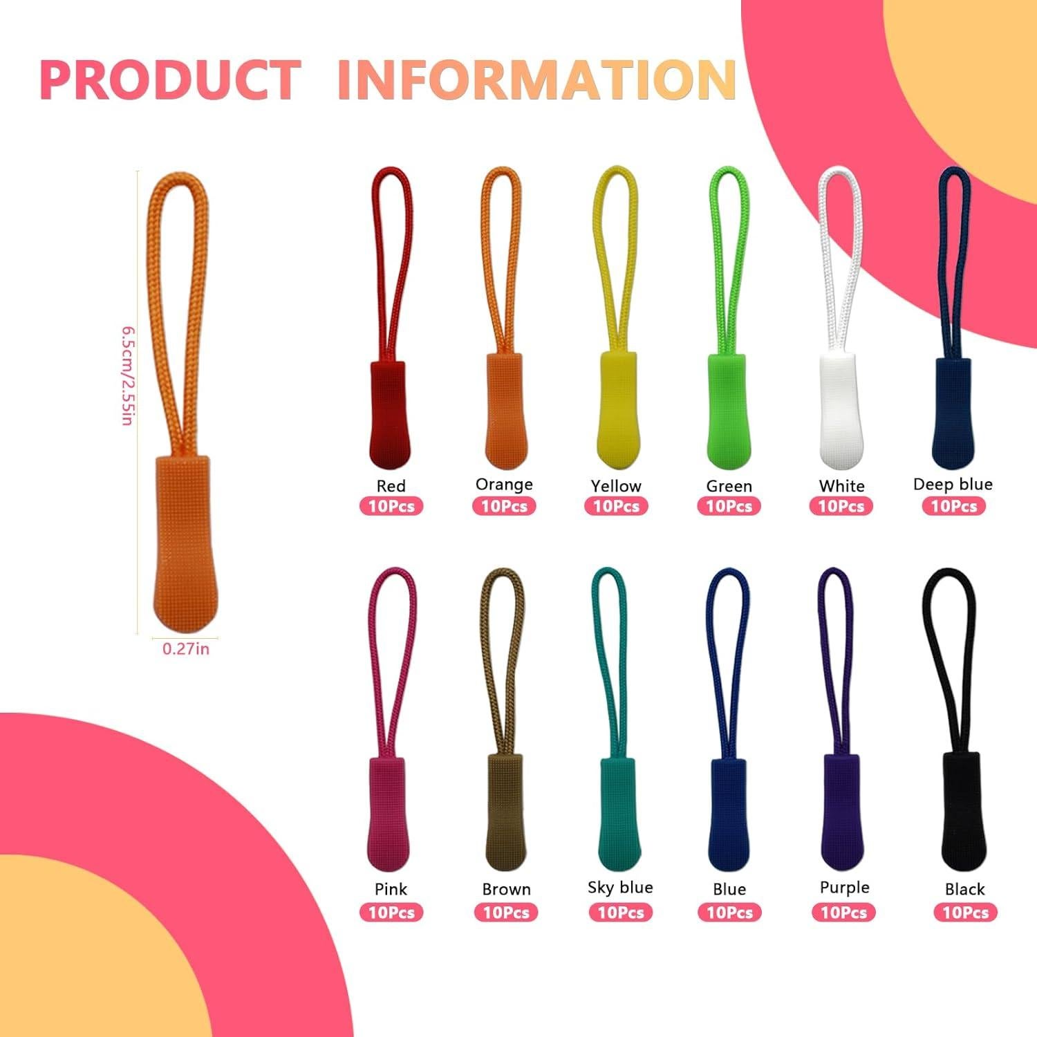 120 Pcs Tiradores de Cremallera Nylon SHRJ 12 Colores 65mm