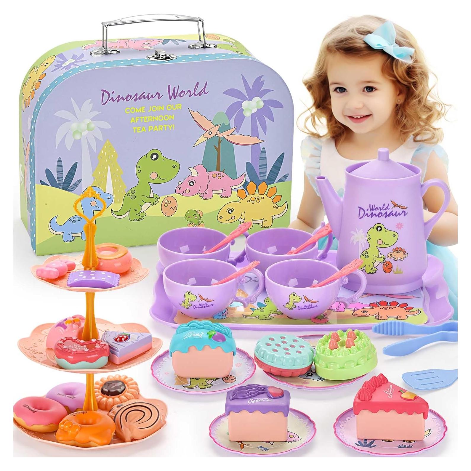 Juego de Té de Dinosaurios QUN HUI para Niñas 3-6 Años