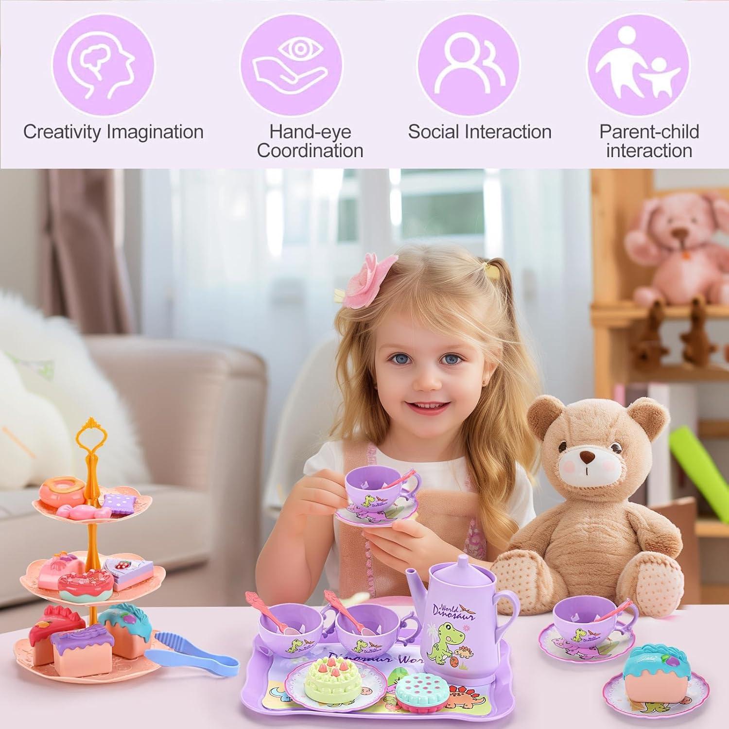 Juego de Té de Dinosaurios QUN HUI para Niñas 3-6 Años