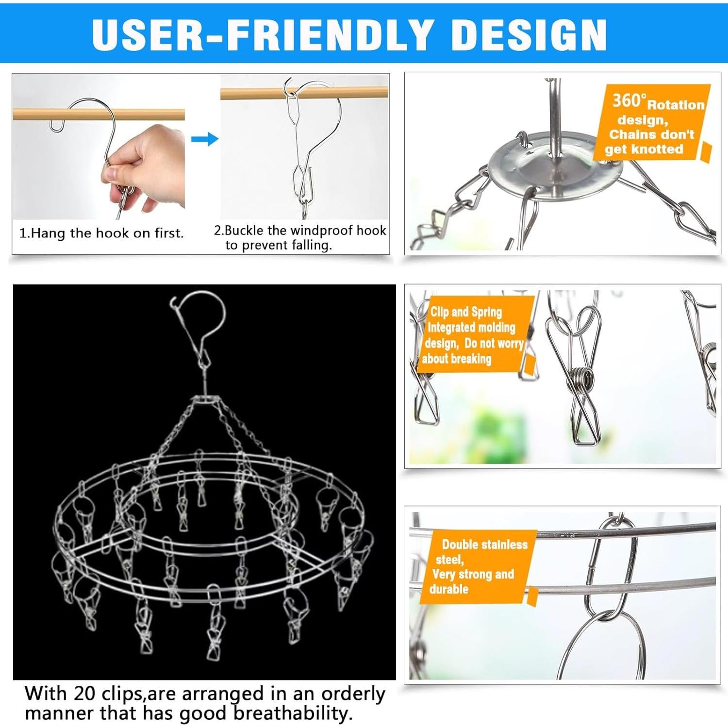Soporte para Secar Ropa SYJINHUASY Acero Inoxidable 20 Clips