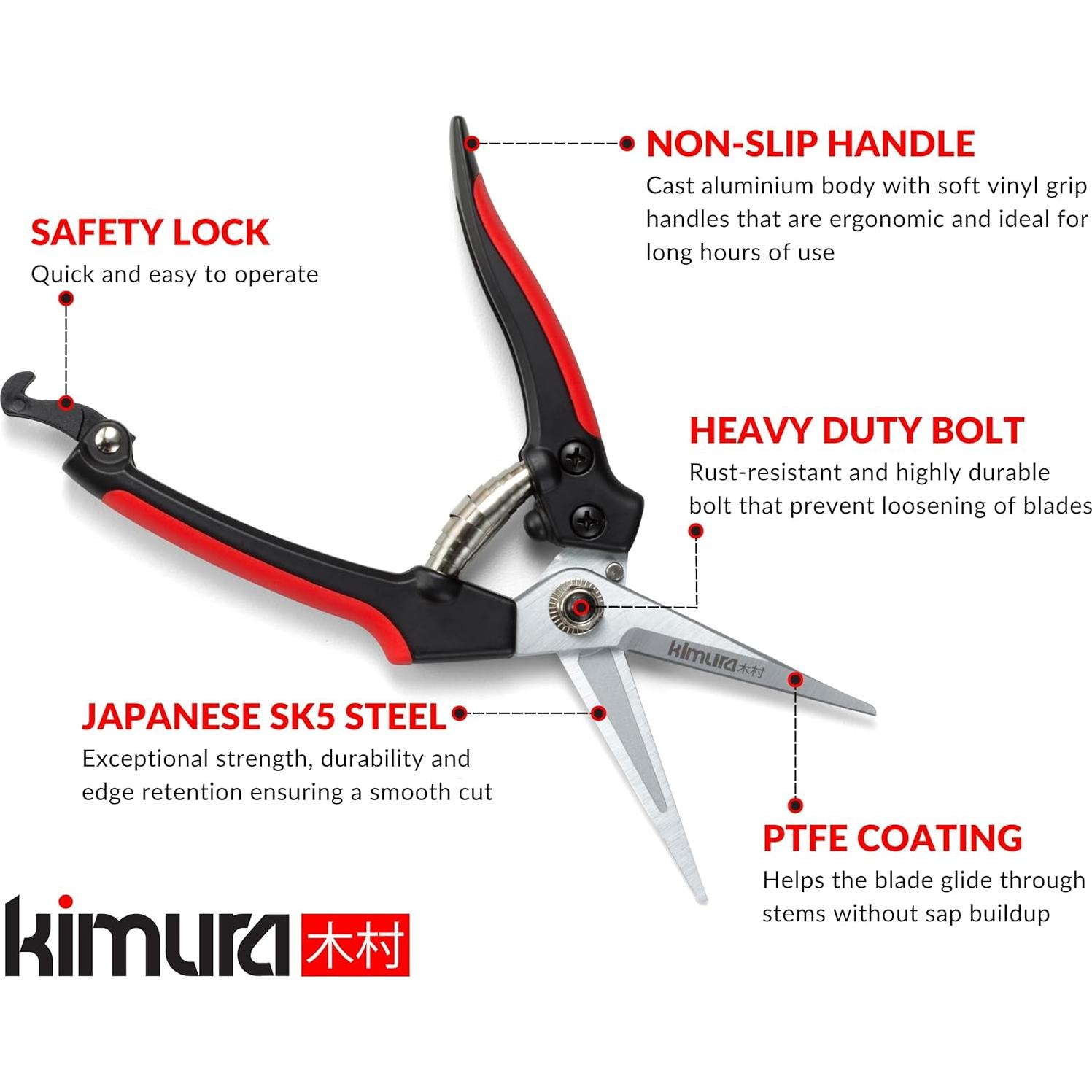 Tijeras de Poda Kimura® 20 cm, Acero SK5, Ergonomía Antideslizante