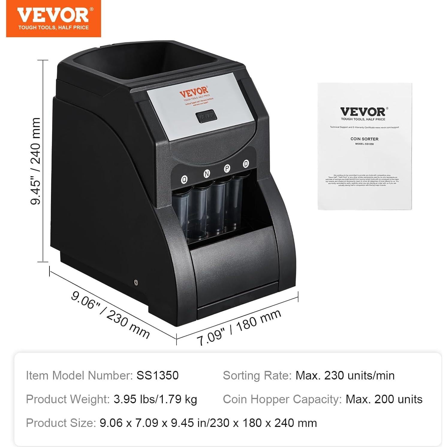 Clasificador de Monedas VEVOR Negro 200 Monedas 230/min