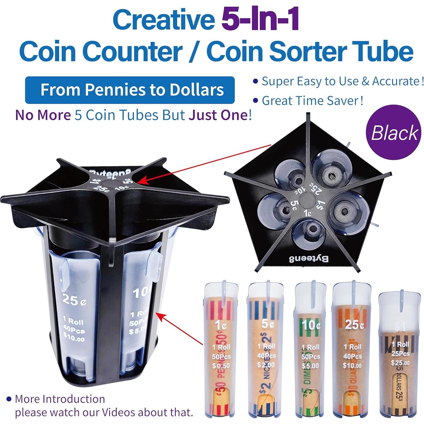 Contador de Monedas 5 en 1 Byteen8 Negro - Organizador y Clasificador